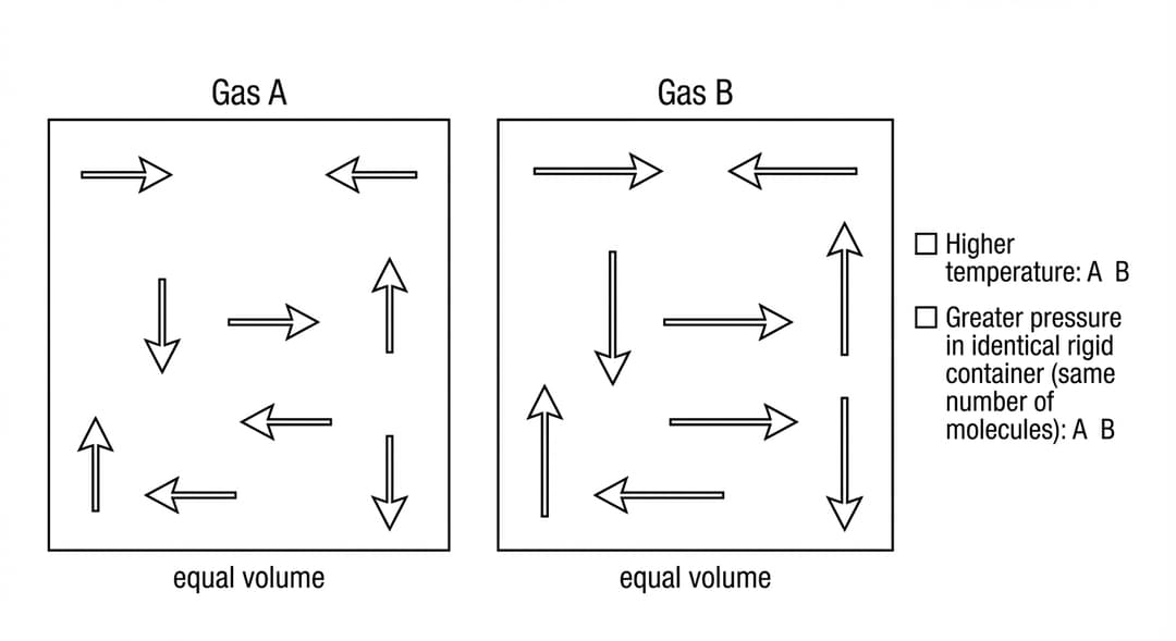 Black-and-white diagram with two identical, side-by-side square containers showing molecular velocity arrows.
Container arrangement:
- Draw two equal-sized squares aligned horizontally with a clear gap between them.
- Center them on the page so they form a left box and a right box.
- Above the left square, center the title text exactly: "Gas A".
- Above the right square, center the title text exactly: "Gas B".
- Under each square, centered, add the text exactly: "equal volume".
Molecules / arrows (must be exactly matched in count and placement pattern):
- In EACH square, draw exactly 8 velocity arrows (representing 8 molecules) located at the same relative positions in both squares, so the only difference is arrow length.
- Use this identical placement pattern inside each square:
1) one arrow near the top-left interior corner,
2) one near the top-right interior corner,
3) one near the bottom-left interior corner,
4) one near the bottom-right interior corner,
5) one near the center,
6) one halfway between center and left wall,
7) one halfway between center and right wall,
8) one halfway between center and bottom wall.
- Arrow directions (identical directional set in both boxes):
- Exactly two arrows point to the right (horizontal),
- exactly two arrows point to the left (horizontal),
- exactly two arrows point upward (vertical),
- exactly two arrows point downward (vertical).
(This ensures an unambiguous symmetric distribution.)
Arrow lengths (the only difference between A and B):
- In Gas A (left box), all 8 arrows have the SAME short length.
- In Gas B (right box), all 8 arrows have the SAME long length.
- Define the long length precisely relative to the short length: each long arrow in Gas B is exactly twice the drawn length of each short arrow in Gas A.
Student prompts (visible text in the figure):
- To the right of both boxes (in a vertical list), include two checkbox-style prompts exactly as text:
- "Higher temperature: A B"
- "Greater pressure in identical rigid container (same number of molecules): A B"
(Leave A and B as selectable options; do not mark an answer.)
Style constraints:
- All arrows are thin black lines with triangular arrowheads.
- No numerical axes, no extraneous labels, and no additional arrows beyond the specified 8 per box.