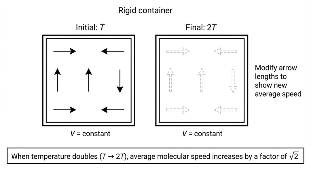 Black-and-white diagram showing one rigid container with two side-by-side states (before and after), so the student modifies arrow lengths.
Overall layout:
- Draw two identical square boxes aligned horizontally with a small gap between them, centered on the page.
- Above the left box, write exactly: "Initial: T".
- Above the right box, write exactly: "Final: 2T".
- Above both boxes (centered at the top of the figure), add the title text exactly: "Rigid container".
Rigid-container indication:
- Draw each box with thick walls.
- Under each box, write exactly: "V = constant".
Molecules/arrows (fixed count and directions):
- In the left box, draw exactly 6 velocity arrows (6 molecules) at fixed positions:
- one near top-left interior,
- one near top-right interior,
- one near bottom-left interior,
- one near bottom-right interior,
- one at the center,
- one midway between center and the right wall.
- Directions in the left box must be exactly:
- two arrows pointing right,
- two arrows pointing left,
- one arrow pointing up,
- one arrow pointing down.
- All 6 arrows in the left box have the SAME length (call this the reference length).
Right box (student modification target):
- In the right box, draw the same 6 arrows in the same positions and directions, but render them as editable/blank targets by drawing them in a lighter gray (or dashed outline) at the SAME initial reference length as the left box.
- Next to the right box, add the instruction text exactly: "Modify arrow lengths to show new average speed".
Numerical precision for the intended change:
- Include a boxed note beneath both boxes stating exactly: "When temperature doubles (T → 2T), average molecular speed increases by a factor of √2".
- The figure should therefore be constructed so that, when completed, every arrow in the right box should be drawn exactly √2 times the reference length of the arrows in the left box (do not pre-draw the longer arrows; leave as the student’s modification).
No extra symbols:
- Do not include any pressure values or variable n.
- No random arrow directions beyond those specified.