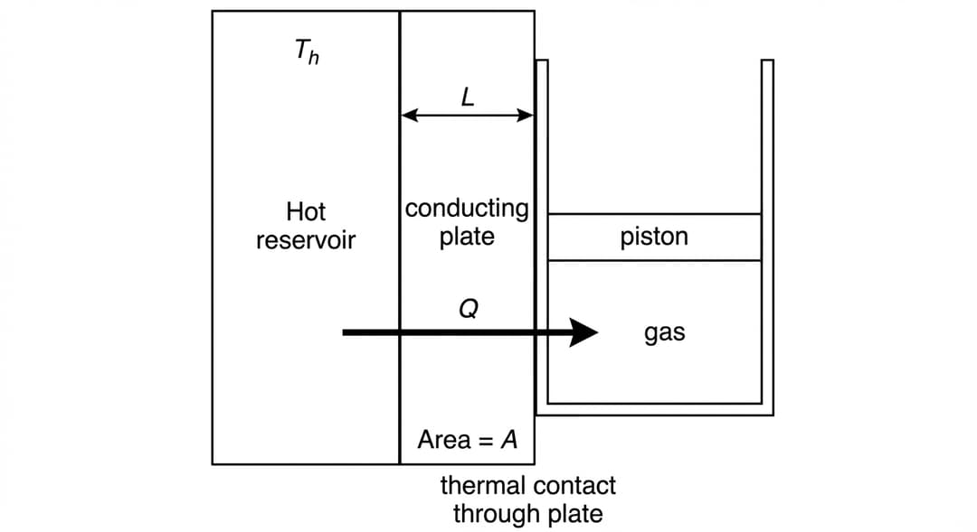 Black-and-white apparatus diagram showing heat flow from a hot thermal reservoir into the gas through a flat conducting plate.
Left-to-right arrangement (single horizontal line of components):
1) Hot reservoir (left):
- Draw a large vertical rectangle on the left third of the figure.
- Inside it, centered, write exactly: "Hot reservoir".
- Near the top inside the reservoir, write exactly: "T_h".
2) Conducting plate (middle interface):
- Immediately to the right of the hot reservoir, draw a thin vertical slab (a narrow rectangle) representing the conducting plate, fully contacting the reservoir on its left face.
- Label the slab centered as: "conducting plate".
- Mark the plate thickness with a double-headed horizontal arrow spanning from the left face of the slab to the right face of the slab, and place the label exactly above that arrow: "L".
- Indicate the plate face area by placing the label exactly: "Area = A" directly below the slab.
3) Cylinder with gas and piston (right):
- Immediately to the right of the conducting plate, draw the vertical cylinder (2D cross-section) with a piston inside, similar style to Figure 1, occupying the right third of the figure.
- The left wall (or base contact surface) of the cylinder is drawn flush against the right face of the conducting plate to show thermal contact through the plate.
- Inside the cylinder below the piston, label the gas region exactly: "gas".
- On the piston, label exactly: "piston".
Heat-flow arrow:
- Draw a bold arrow pointing horizontally from left to right, starting inside the hot reservoir, passing across the plate, and pointing into the gas region.
- Above this arrow, write exactly: "Q".
Thermal-contact note:
- Centered beneath the plate-cylinder interface, write exactly: "thermal contact through plate".
No extraneous numbers:
- Do not add numerical values for L, A, or T_h (only symbols as shown). No axes.