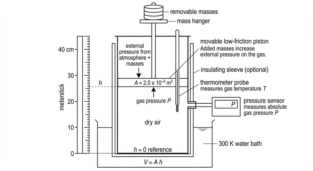 A clean black-and-white physics apparatus diagram with labeled components and numeric values shown as printed text.
Overall layout (left-to-right):
- The main object is a tall, upright cylinder drawn in the center of the diagram. The cylinder’s axis is perfectly vertical.
- A meterstick is drawn immediately to the left of the cylinder, parallel to the cylinder, spanning from the bottom of the cylinder to above the piston.
- A pressure sensor module is drawn to the right of the cylinder and connected to the cylinder by a short horizontal tube.
- A thermometer probe is shown entering the gas region through the top assembly (not immersed in the water bath).
- Beneath the cylinder is an optional water bath container drawn as a wide open-topped rectangle that the cylinder can sit in.
- An optional insulating sleeve is shown as a removable outer layer around the cylinder wall.
Cylinder and gas region:
- Draw a vertical cylinder with a flat bottom base. The interior of the cylinder is hollow and contains the gas (label inside the cylinder: “dry air”).
- The bottom of the cylinder is the reference level for height measurements. Mark a thin horizontal reference line at the inside bottom surface and label it “h = 0 reference.”
Movable piston:
- A tight-fitting piston disk is drawn inside the cylinder, perpendicular to the cylinder axis (perfectly horizontal). It divides the interior into a lower gas volume and an upper region that is not part of the gas volume.
- The piston is explicitly labeled “movable low-friction piston.”
- The piston’s cross-sectional area is printed as a label next to the piston: “A = 2.50 × 10^-3 m^2”.
- The piston is drawn at a mid-height position in the cylinder (not at the top or bottom), leaving substantial gas space beneath it.
Piston rod, mass hanger, and masses:
- From the center of the piston, draw a thin vertical rod extending upward out of the cylinder.
- At the top of the rod, draw a mass hanger (a small horizontal platform or hook assembly) centered directly above the piston.
- On the hanger, draw a stack of removable slotted masses (three separate disks) aligned vertically. Label the hanger “mass hanger” and label the stack “removable masses.”
- Add a note near the piston/hanger assembly: “Added masses increase external pressure on the gas.”
Meterstick and height measurement h:
- Draw a meterstick directly beside the cylinder on the left, with tick marks at every 1 cm and numeric labels at every 10 cm: “0, 10, 20, 30, …”. The “0” mark is aligned horizontally with the cylinder’s bottom reference level labeled “h = 0 reference.”
- Draw a thin horizontal dashed line from the top surface of the piston to the meterstick to show the reading location.
- Next to this dashed line, label the measured height: “h”.
- Under the cylinder (or near the gas region), print the volume relationship exactly as visible text: “V = A h”.
Pressure sensor (absolute pressure):
- On the right side of the cylinder, draw a small side port at a height that is clearly below the piston (so it communicates with the gas region).
- Connect the side port to a rectangular pressure sensor box via a short horizontal tube.
- Label the box “pressure sensor” and print next to it: “measures absolute gas pressure P”.
- On the face of the sensor box, draw a small digital display rectangle labeled “P” (no numeric reading shown, only the variable label).
Thermometer probe (gas temperature):
- Draw a thin thermometer probe entering from above at a slight angle, with its tip clearly located in the gas region below the piston (not touching the piston or cylinder walls).
- Label it “thermometer probe” and print next to it: “measures gas temperature T”.
Water bath at 300 K:
- Draw an open rectangular container beneath and around the lower portion of the cylinder labeled “water bath.”
- Draw a horizontal waterline across the container and shade the region below it lightly to indicate water.
- Print the temperature label directly on the bath: “300 K water bath”.
- Show the cylinder sitting in the bath so that the waterline reaches roughly halfway up the gas-containing portion of the cylinder (clearly below the piston).
Insulating sleeve:
- Draw a removable sleeve as a second outer wall that surrounds the cylinder on the sides only (not covering the bottom), shown slightly separated from the cylinder wall to indicate it can be added or removed.
- Label this outer layer “insulating sleeve (optional)”.
Forces/pressure clarity:
- Add two arrows: one downward arrow on the top of the piston labeled “external pressure from atmosphere + masses” and one upward arrow from the gas region onto the piston labeled “gas pressure P”.
All labels required to appear as visible text in the diagram:
“A = 2.50 × 10^-3 m^2”, “V = A h”, “h”, “dry air”, “movable low-friction piston”, “mass hanger”, “removable masses”, “pressure sensor”, “measures absolute gas pressure P”, “thermometer probe”, “measures gas temperature T”, “water bath”, “300 K water bath”, “insulating sleeve (optional)”, and “h = 0 reference”.