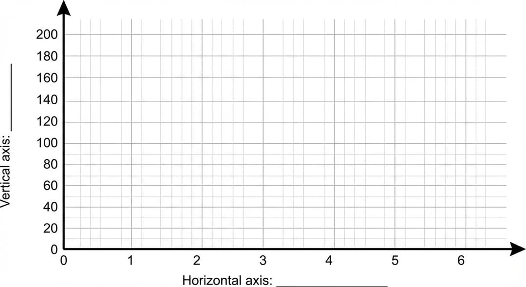 A blank Cartesian grid designed for hand-plotting and drawing a best-fit straight line, with NO data points pre-plotted.
Grid and axes appearance:
- The grid is a large square plotting area occupying most of the page.
- The horizontal axis is a thick black line along the bottom edge of the grid with an arrowhead pointing to the right.
- The vertical axis is a thick black line along the left edge of the grid with an arrowhead pointing upward.
- The axes intersect at the bottom-left corner of the grid; the intersection is labeled “0” on both axes (single “0” at the origin).
- The interior is filled with evenly spaced light gray grid lines forming square cells.
Tick marks and numeric scales (numbers must be printed on the axes as visible text):
- Horizontal axis tick marks are evenly spaced and labeled: 0, 1, 2, 3, 4, 5, 6.
- Vertical axis tick marks are evenly spaced and labeled: 0, 20, 40, 60, 80, 100, 120, 140, 160, 180, 200.
Axis label blanks (so the student can choose variables):
- The vertical axis has a printed label line (blank) near the middle of the axis reading: “Vertical axis: __________” positioned just to the left of the grid.
- The horizontal axis has a printed label line (blank) centered below the axis reading: “Horizontal axis: __________”.
No other markings:
- No title.
- No legend.
- No plotted points.
- No best-fit line.
- No units printed (since the student selects quantities), other than the numeric tick labels shown above.
Accuracy requirement for spacing:
- The tick labels increase strictly uniformly along each axis: each adjacent pair of labeled ticks on the x-axis differs by exactly 1, and each adjacent pair of labeled ticks on the y-axis differs by exactly 20.
- The grid extends slightly beyond the highest labeled y tick so the “200” label is not on the border, and extends slightly beyond the “6” tick so the arrowhead is beyond the last tick label.