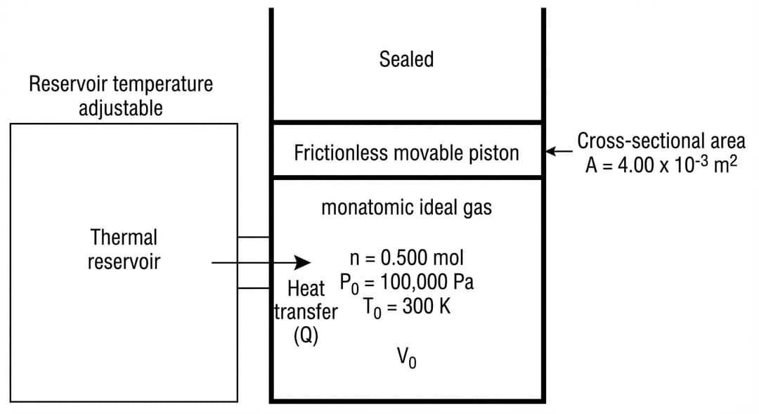 A clean black-and-white physics apparatus schematic (no shading, no 3D perspective), centered on a tall vertical cylinder.
Overall layout (top to bottom):
- A vertical cylinder occupies the central half of the page width and most of the page height. The cylinder walls are two thick, straight, parallel vertical lines. The cylinder bottom is a thick horizontal line closing the container.
- A single movable piston is drawn as a thick horizontal rectangle that fits tightly inside the cylinder, spanning exactly between the inner faces of the two cylinder walls. The piston is located in the upper third of the cylinder height, leaving a large gas region beneath it.
Piston details:
- On the top face of the piston, draw a small label centered on the piston: "Frictionless movable piston".
- Next to the piston (on the right side of the piston, outside the cylinder), place the text label "Cross-sectional area A = 4.00 × 10⁻³ m²" with a short leader arrow pointing to the piston.
Gas region and state labels:
- The region inside the cylinder below the piston is labeled "monatomic ideal gas" in the center of that region.
- Inside the gas region, place three stacked lines of text centered horizontally:
1) "n = 0.500 mol"
2) "P₀ = 1.00 × 10⁵ Pa"
3) "T₀ = 300 K"
- Near the lower half of the gas region (still inside the cylinder), place the volume label "V₀".
Thermal reservoir and contact:
- To the left of the cylinder, draw a large rectangular block representing a thermal reservoir. The block’s vertical span matches the middle half of the cylinder height, and its right face is separated from the cylinder’s left wall by a small gap.
- Between the reservoir block and the cylinder wall, draw a thin vertical contact region indicated by three short horizontal lines bridging the gap (suggesting thermal contact).
- Label the reservoir block "Thermal reservoir" centered inside the block.
- Above the reservoir block, place the label "Reservoir temperature adjustable".
Heat-flow notation:
- Draw a single horizontal arrow pointing from the reservoir toward the cylinder (left to right), positioned at the mid-height of the gas region.
- Label this arrow "Heat transfer (Q)" above the arrow.
Sealed condition cue:
- Above the piston (inside the cylinder’s top region), do NOT draw any gas region; instead, leave it blank and place the label "Sealed" near the top of the cylinder, indicating the container is closed and the piston moves without leakage.
All text must be exactly as written, including subscripts and scientific notation. No extra numbers or unlabeled forces.
