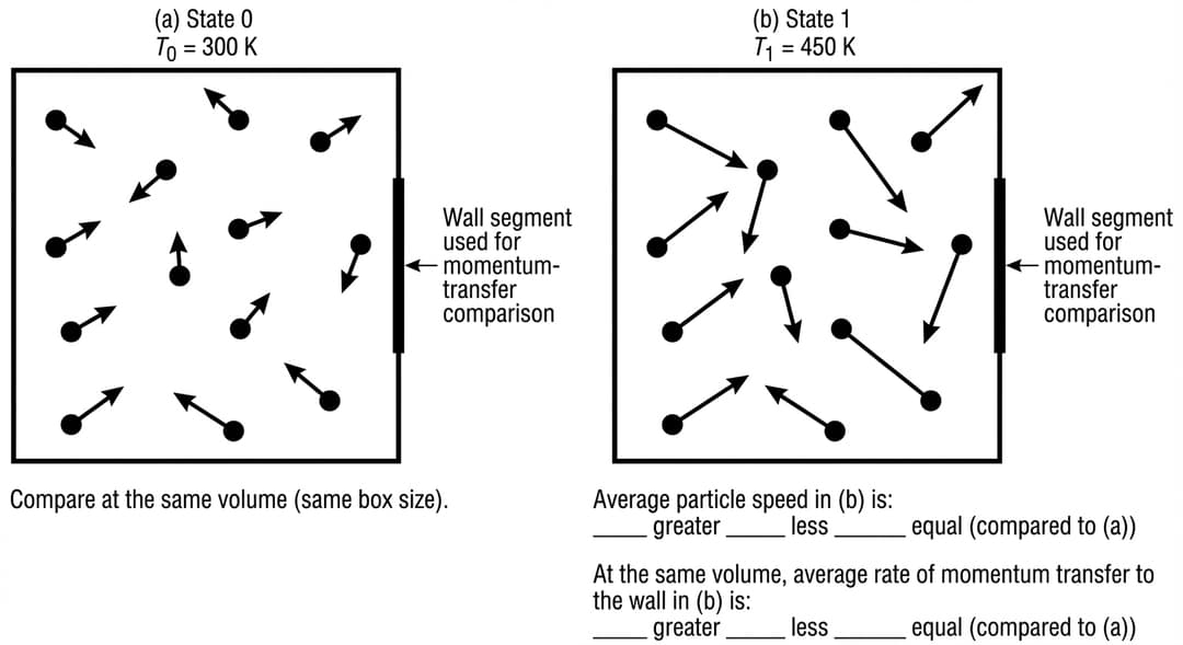 A two-panel microscopic diagram with clear, rigid panel boundaries and identical box sizes.
Page layout:
- Two equal square panels are arranged side-by-side with a narrow gap between them.
- The left panel is labeled at its top-left corner: "(a) State 0" on the first line and "T₀ = 300 K" on the second line.
- The right panel is labeled at its top-left corner: "(b) State 1" on the first line and "T₁ = 450 K" on the second line.
Panel boundaries and ‘same volume’ constraint:
- Each panel is a perfect square container with thick black walls.
- The two squares must be the same size, visually enforcing that the volume is the same in (a) and (b).
- Add the text centered below both panels (spanning the full two-panel width): "Compare at the same volume (same box size)."
Particles:
- In EACH panel, draw exactly 10 identical particles as small filled circles.
- Particle circle size: each particle diameter is small, and all particles are identical in both panels.
- Particle placement rule: distribute particles across the interior so none touch the walls and none overlap; keep a similar spatial distribution in both panels (no clustering differences), so only speed-related markings differ.
Velocity depiction:
- In EACH panel, every particle has a straight arrow attached to it indicating its instantaneous velocity.
- All arrows originate at the center of each particle and extend outward.
- Panel (a): all velocity arrows are short and of comparable length.
- Panel (b): all velocity arrows are clearly longer than the arrows in panel (a), with the same variety of directions; the longest arrows in (b) must be at least twice the length of the arrows in (a).
- Do not include any numeric speeds.
Wall momentum-transfer reference:
- In EACH panel, highlight the RIGHT wall by making it slightly thicker than the other three walls.
- Place a label outside the right wall at mid-height: "Wall segment used for momentum-transfer comparison" with a leader line pointing to the right wall.
Student response prompts (must appear as printed text with blank lines):
- Directly beneath panel (b), place two stacked prompts with blank lines for student marks:
1) "Average particle speed in (b) is: ______ greater ______ less ______ equal (compared to (a))"
2) "At the same volume, average rate of momentum transfer to the wall in (b) is: ______ greater ______ less ______ equal (compared to (a))"
No other labels, equations, or numbers appear besides the panel labels, the ‘same volume’ line, the wall-segment label, and the two prompts.