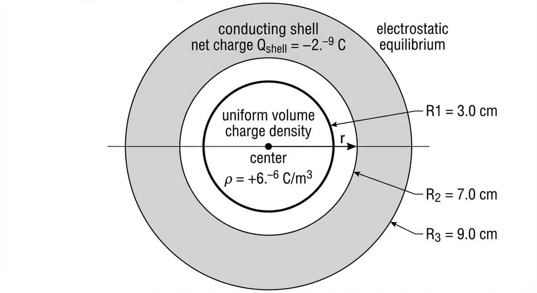 A clean black-and-white cross-sectional (cutaway) diagram of two concentric spheres, centered on the same point.
Overall layout and alignment:
- The diagram is centered on the page with a single common center point placed at the exact visual center of the figure.
- Show a horizontal diameter line passing through the center point from left to right (a thin line) to emphasize the radial geometry.
- Place a small dot at the center and label it "center".
- Add a radial arrow labeled "r" pointing directly to the right from the center dot.
Objects (concentric layers, drawn as circles in cross-section):
1) Inner solid insulating sphere:
- Draw a filled (solid) circle centered on the center dot.
- Its boundary is the circle of radius R1.
- Label the boundary circle with the text "R1 = 3.0 cm" placed just outside the sphere boundary on the right side, with a short leader line pointing to the boundary.
- Inside the solid sphere region, place the text "uniform volume charge density" on one line and "ρ = +6.0×10⁻⁶ C/m³" on the next line.
2) Conducting spherical shell (shown as an annulus in cross-section):
- Draw two concentric circles centered on the same center dot representing the inner and outer surfaces of the conductor.
- The inner surface radius is R2 and the outer surface radius is R3, creating a visible annular thickness.
- The region between the R2 circle and the R3 circle is the conducting material; depict it with light gray shading (uniform) to distinguish it from the empty cavity and the insulating sphere.
- Label the inner boundary of the conductor with "R2 = 7.0 cm" placed just inside the cavity region near the right side, with a leader line to the inner circular boundary.
- Label the outer boundary of the conductor with "R3 = 9.0 cm" placed just outside the outermost circle near the right side, with a leader line to the outer circular boundary.
- On the shaded conductor region, place the text "conducting shell" and beneath it "net charge Q_shell = −2.0×10⁻⁹ C".
- Add the text "electrostatic equilibrium" adjacent to the conductor region (outside the annulus, near the top-right), indicating the conductor is in equilibrium.
Region identification (explicit spatial relationships):
- Clearly show that the insulating sphere of radius R1 is completely inside the empty cavity region that extends from r = R1 to r = R2.
- Do NOT draw any off-center placement: all circles must be perfectly concentric.
Style constraints:
- Use medium-thickness black outlines for all circular boundaries.
- Use no grid, no background texture.
- No numerical values other than: R1 = 3.0 cm, R2 = 7.0 cm, R3 = 9.0 cm, ρ = +6.0×10⁻⁶ C/m³, Q_shell = −2.0×10⁻⁹ C.
- No extra symbols for charge distribution on surfaces; only the text labels above.