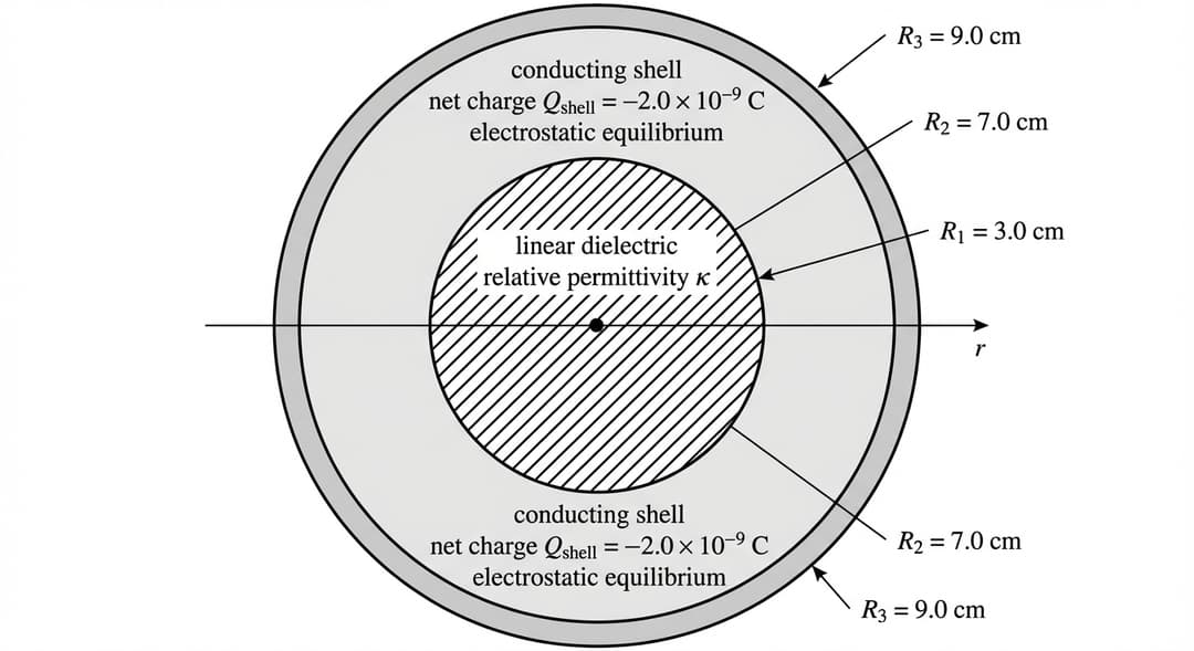 A black-and-white cross-sectional (cutaway) diagram with the same concentric geometry and label placement rules as Figure 1, plus a clear dielectric indication.
Overall layout and alignment:
- Use the exact same centered concentric-circle layout: a center dot at the visual center, a thin horizontal diameter line, and a radial arrow labeled "r" pointing right.
Objects (concentric layers):
1) Inner sphere region (dielectric-filled):
- Draw the inner sphere boundary as a circle of radius R1.
- Fill the entire region from the center out to R1 with a distinct diagonal hatch pattern (e.g., 45° lines) to indicate dielectric material.
- Place text inside this region reading "linear dielectric" on one line and "relative permittivity κ" on the next line.
- Label the boundary with "R1 = 3.0 cm" just outside the R1 boundary on the right side with a leader line.
2) Conducting spherical shell:
- Draw the inner conductor surface at radius R2 and the outer conductor surface at radius R3, both concentric with the center.
- Shade the annular conductor region (between R2 and R3) with uniform light gray (different from the dielectric hatching).
- Label inner conductor boundary "R2 = 7.0 cm" with a leader line.
- Label outer conductor boundary "R3 = 9.0 cm" with a leader line.
- On the conductor region, include the same text: "conducting shell" and "net charge Q_shell = −2.0×10⁻⁹ C" and also the note "electrostatic equilibrium".
Spatial relationships (explicit):
- The dielectric occupies only the region r < R1.
- The cavity region between R1 and R2 is unshaded/blank (air).
- The conducting metal occupies only the region between R2 and R3.
Style constraints:
- Medium black outlines for all boundaries.
- No extra numeric values besides R1, R2, R3, and Q_shell.
- Do not show any off-center placement; all circles must be perfectly concentric.