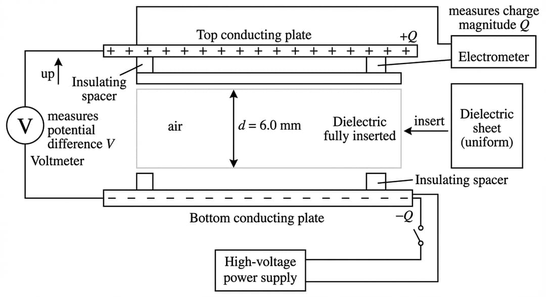Black-and-white physics apparatus diagram with clean, thin lines and clear labels.
Overall layout and orientation:
- The diagram is landscape-oriented.
- The parallel plates are drawn as two long, perfectly horizontal conducting rectangles spanning most of the diagram width.
- The top plate is located in the upper third of the diagram; the bottom plate is located in the lower third, directly below the top plate, with a uniform gap between them.
- A small upward arrow labeled "up" is placed near the left margin to enforce that the plates are mounted horizontally (top plate above bottom plate).
Plates and charges:
- The upper conductor is labeled "Top conducting plate" centered above it.
- The lower conductor is labeled "Bottom conducting plate" centered below it.
- On the top plate, place several small plus signs distributed along its length to indicate positive charge; next to the plate, include the text "+Q".
- On the bottom plate, place several small minus signs distributed along its length to indicate negative charge; next to the plate, include the text "−Q".
- The +Q and −Q labels must be vertically aligned to emphasize equal magnitude and opposite sign.
Plate separation and spacers:
- Show exactly two insulating spacers, one near the left end of the plates and one near the right end.
- Each spacer is drawn as a vertical rectangular block bridging the gap between the plates (touching both plates).
- Each spacer is labeled "Insulating spacer" with a leader line.
- Between the plates, near the center of the gap, draw a vertical double-headed dimension arrow from the inner surface of the top plate straight down to the inner surface of the bottom plate.
- Next to this dimension arrow, place the text "d = 6.0 mm" exactly.
Region between plates (air and dielectric insertion):
- The region between the plates is shown as an open space labeled "air" centered in the gap.
- Also show a removable dielectric sheet drawn as a thin, perfectly rectangular slab that can occupy the entire region between the plates.
- Depict the dielectric sheet in a second, adjacent position to the right of the plates: draw the same rectangular slab outside the gap (to indicate it can be inserted/removed), labeled "Dielectric sheet (uniform)".
- Add a rightward arrow from the external slab toward the gap, labeled "insert".
- Additionally, show the dielectric sheet in the inserted position: within the gap, draw a rectangle that fills the full plate overlap area between the plates (touching the inner face of the top plate and the inner face of the bottom plate), and label it "Dielectric fully inserted".
- The inserted dielectric must be shown without changing the gap distance d (the spacer blocks remain the same size and the dimension arrow remains labeled d = 6.0 mm).
Measuring instruments and connections:
- Draw a voltmeter as a circle with a bold "V" inside, positioned to the left of the plates at mid-height between them.
- Connect the voltmeter to the plates with two leads:
- One lead goes from the voltmeter’s upper terminal to the left side of the top plate.
- The other lead goes from the voltmeter’s lower terminal to the left side of the bottom plate.
- Label the voltmeter "Voltmeter" directly beneath the circle, and place the label "measures potential difference V" beside it. The symbol "V" must appear as the measured quantity.
- Draw an electrometer as a rectangular box labeled "Electrometer" positioned to the right of the plates, slightly above the midline.
- From the electrometer, draw a single lead connecting to the right side of the top plate (clearly touching the top plate).
- Near that connection, place the text "measures charge magnitude Q" so that Q is explicitly associated with the electrometer measurement.
Power supply (from prompt instrumentation list):
- Draw a high-voltage power supply as a box labeled "High-voltage power supply" positioned below the bottom plate, centered horizontally.
- From the power supply, draw two leads:
- One lead goes to the right side of the top plate.
- One lead goes to the right side of the bottom plate.
- Place a small open switch symbol in series with one of the supply leads (on the lead to the top plate) to indicate controllable charging.
Style constraints:
- All labels are horizontal, printed text.
- All connecting wires are thin straight lines with right-angle corners (no curved wires).
- No numeric values appear except the required "d = 6.0 mm".
- The only symbols on the plates are "+Q" on the top plate and "−Q" on the bottom plate, with multiple + and − signs to reinforce charge distribution.