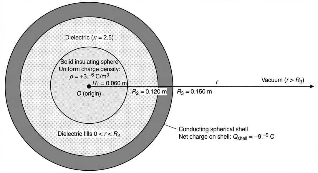 A clean, monochrome cross-sectional diagram (a 2D slice through the center) of three concentric spherical boundaries centered at the origin.
Overall layout:
- The origin is shown as a small solid dot exactly at the center of the figure, labeled "O (origin)".
- A single straight radial reference line extends horizontally to the right from the origin to the outside of the largest circle, ending with an arrowhead pointing right. The line is labeled "r" above the line, near its middle.
Concentric spherical boundaries (drawn as three thin black circles):
1) Smallest circle (insulating sphere boundary):
- Circle centered on the origin.
- Radius label placed on the radial line: "R1 = 0.060 m" at the point where the radial line intersects this smallest circle.
- The interior region (inside this smallest circle) is lightly filled with a uniform stipple or light-gray shading to indicate material.
- Text label inside this region (not overlapping the boundary):
- "Solid insulating sphere"
- "Uniform charge density: ρ = +3.0×10^−6 C/m^3"
2) Middle circle (inner surface of conducting shell):
- Circle centered on the origin, larger than R1.
- Radius label placed on the same radial line at this circle: "R2 = 0.120 m".
3) Largest circle (outer surface of conducting shell):
- Circle centered on the origin, larger than R2.
- Radius label placed on the radial line at this circle: "R3 = 0.150 m".
Material/region identification with explicit radial intervals:
- Region from the origin out to the middle circle (i.e., all space with 0 < r < R2) is indicated as dielectric-filled.
- Use a single consistent light hatch pattern across BOTH (a) the insulating sphere interior and (b) the annular space between the R1 and R2 circles to show it is all filled with dielectric.
- Place a clear label in the annulus between the R1 and R2 circles: "Dielectric (κ = 2.5)".
- Also place a second label near this same annulus stating: "Dielectric fills 0 < r < R2".
Conducting shell depiction:
- The conducting shell region is the annulus between the R2 and R3 circles.
- Fill this annulus with a darker, solid gray shading to clearly distinguish it from the dielectric region.
- Place a label inside this shell annulus: "Conducting spherical shell".
- Immediately beneath that label (still within the shell annulus), include: "Net charge on shell: Q_shell = −9.0×10^−9 C".
Exterior region:
- The region outside the largest circle (r > R3) is left unshaded (white background).
- Place a label in this exterior region on the right side: "Vacuum (r > R3)".
Clarity requirements:
- Each radius label (R1, R2, R3) is aligned with the single radial line and placed right at its corresponding boundary intersection.
- No other arrows besides the radial r-arrow.
- No field lines drawn.
- All text is readable and does not overlap circle boundaries.