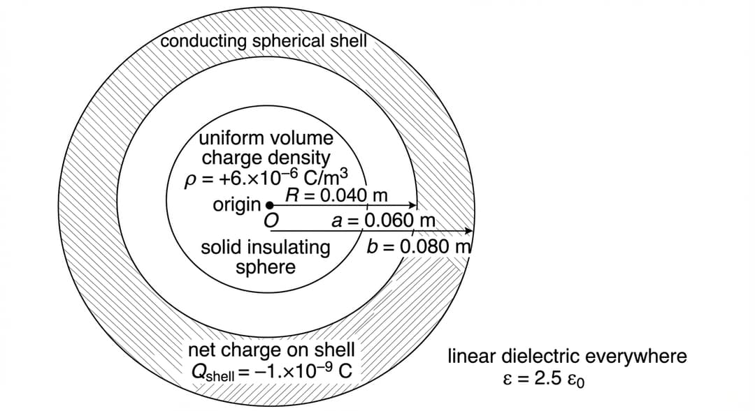 A clean black-and-white cross-sectional schematic (a 2D cut through the center) of concentric spherical objects centered on the origin.
Overall layout and center reference:
- The diagram is centered on a single point marked with a small solid dot at the exact center of the page.
- Next to the dot, place the label "origin" and the symbol "O".
- All circles share this same center.
Insulating sphere (inner solid sphere):
- Draw a circle representing the outer surface of a solid insulating sphere.
- Label this region (inside the circle) "solid insulating sphere".
- Inside the sphere, place the text "uniform volume charge density" on one line and directly beneath it "ρ = +6.0×10^−6 C/m^3".
- The sphere boundary is a single solid circular outline.
Conducting spherical shell (concentric annulus in cross-section):
- Draw two additional concentric circles outside the insulating sphere to represent the conducting shell’s inner and outer surfaces.
- The smaller of these two circles is the inner surface; the larger is the outer surface.
- Shade or lightly hatch ONLY the annular region between these two circles to indicate conducting material.
- Place the label "conducting spherical shell" centered within the hatched annulus.
- On the conducting shell region, place the text "net charge on shell" and directly beneath it "Q_shell = −1.0×10^−9 C".
Radii and exact numerical labels:
- Draw three straight radius markers as thin lines from the origin to the right, each terminating exactly on one of the three key boundaries.
- The shortest radius marker ends on the insulating sphere boundary and is labeled "R = 0.040 m".
- The next radius marker ends on the inner surface of the conducting shell and is labeled "a = 0.060 m".
- The longest radius marker ends on the outer surface of the conducting shell and is labeled "b = 0.080 m".
- Each label is placed just beyond the end of its radius marker, with the variable and value on the same line.
Dielectric medium (everywhere):
- Indicate that the entire space in the figure (inside the insulating sphere, the gap between sphere and shell, the shell’s exterior region, and all visible background) is filled with dielectric.
- Place a single background label in the open space outside the outer radius circle: "linear dielectric everywhere" on one line, and beneath it "ε = 2.5 ε0".
Spatial relationships that must be visually unambiguous:
- The insulating sphere boundary is the smallest circle.
- There is a clear empty-looking gap (no hatching) between the insulating sphere boundary at R and the shell’s inner boundary at a.
- The conducting material occupies only the region from a to b (the hatched annulus).
- The region outside b is unhatched background labeled as dielectric.
Styling constraints:
- Use solid black outlines for boundaries.
- Use light, evenly spaced hatching for the conducting shell material only.
- No electric field lines and no charges drawn as discrete symbols on surfaces in this figure.
- No title other than the caption; no grid.