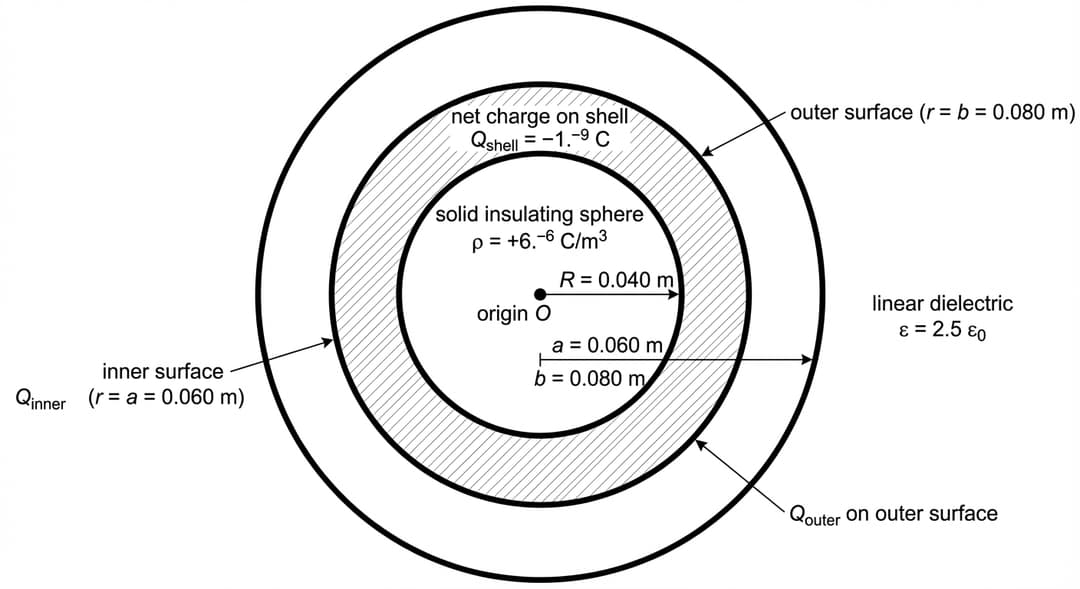 A black-and-white cross-sectional schematic of the same concentric geometry as Figure 1, centered on the same origin, with explicit emphasis on the inner and outer surfaces of the conducting shell.
Overall geometry (must match Figure 1 exactly):
- A central dot marks the origin at the exact center of the page, labeled "origin O".
- Three concentric circles are drawn, in increasing radius order: the insulating sphere boundary at R, the shell inner surface at a, and the shell outer surface at b.
Insulating sphere:
- The smallest circle is the insulating sphere boundary.
- Inside it, label "solid insulating sphere" and include the text "ρ = +6.0×10^−6 C/m^3".
Conducting shell with highlighted surfaces:
- The annular region between the circles at a and b is the conducting material; lightly hatch the annulus.
- Make the inner boundary circle at r = a thicker than all other outlines and label it "inner surface (r = a = 0.060 m)".
- Make the outer boundary circle at r = b thicker than all other outlines and label it "outer surface (r = b = 0.080 m)".
- Place two leader arrows (thin arrows) pointing to the thickened circles:
- One arrow points to the inner surface circle and is labeled "Q_inner on inner surface".
- One arrow points to the outer surface circle and is labeled "Q_outer on outer surface".
Net charge label on the conductor:
- Inside the hatched annulus (conducting material), include the text "net charge on shell" and directly beneath it "Q_shell = −1.0×10^−9 C".
Radii labels:
- Draw radius markers from the origin to the right for R, a, and b, each ending exactly on its corresponding circle.
- Label them exactly: "R = 0.040 m", "a = 0.060 m", "b = 0.080 m".
Dielectric label:
- In the open space outside the outer circle, include: "linear dielectric" and beneath it "ε = 2.5 ε0".
Styling constraints:
- No electric field lines.
- No free-charge plus/minus symbols placed on the surfaces (charges are indicated only by Q_inner, Q_outer, and Q_shell labels).
- No grid and no extra decorative elements.