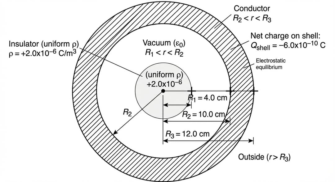 Draw a clean, black-and-white 2D cross-sectional diagram (a diameter cut) of concentric spherical objects centered on a single point.
Overall layout:
- The diagram is centered on a single common center point. Mark the exact center with a small solid dot.
- Show three concentric circles (cross-sections of spheres) with clearly different radii. The smallest circle is the insulating sphere of radius R1. The next circle is the inner surface of the conducting shell of radius R2. The largest circle is the outer surface of the conducting shell of radius R3.
- Ensure the spacing reflects the numerical radii exactly in proportion: R1 is much smaller than R2, and R3 is only slightly larger than R2. Specifically, the thickness of the conducting material (R3−R2) is much smaller than the vacuum gap (R2−R1).
Circle radii and dimension labels (must be explicitly printed on the figure):
- Along a horizontal radius line extending to the right from the center, draw three short radial tick marks where it intersects each circle.
- Add three radial dimension arrows from the center to each tick mark, stacked with slight vertical offsets so the arrows do not overlap.
- Label these arrows exactly as:
- "R1 = 4.0 cm" pointing to the smallest circle.
- "R2 = 10.0 cm" pointing to the middle circle (inner conductor surface).
- "R3 = 12.0 cm" pointing to the largest circle (outer conductor surface).
Region identification (must be explicit text on the figure):
- Label the interior region inside the smallest circle as: "Insulator (uniform ρ)".
- Place the charge-density label inside the insulating sphere: "ρ = +2.0×10^-6 C/m^3".
- Label the annular region between the R1 and R2 circles (the empty gap) with the text: "Vacuum (ε0)" and also include the inequality "R1 < r < R2" directly beneath it.
- Label the conducting material region between the R2 and R3 circles with: "Conductor" and the inequality "R2 < r < R3".
- Label the exterior region outside the largest circle with: "Outside (r > R3)".
Conductor net charge label:
- Place a label near the conducting shell (between the R2 and R3 circles, or just outside with a leader line pointing to the shell) reading exactly: "Net charge on shell: Q_shell = −6.0×10^-10 C".
Electrostatic-equilibrium cue (visual, not an equation):
- Do not draw field lines.
- Optionally, include a small note near the conductor reading: "Electrostatic equilibrium".
Line styling:
- All three circles are solid black lines.
- The conductor region (between R2 and R3) is lightly shaded with uniform diagonal hatching to indicate metal.
- The vacuum gap (R1 to R2) is left unshaded (white).
- The insulating sphere (r < R1) is filled with a very light gray (different from the conductor hatching) to distinguish it from vacuum.
Text placement constraints:
- All text must be outside the circles or in open areas inside regions so it does not overlap the circle boundaries.
- Use leader lines (thin arrows) for labels that would otherwise collide with circles.