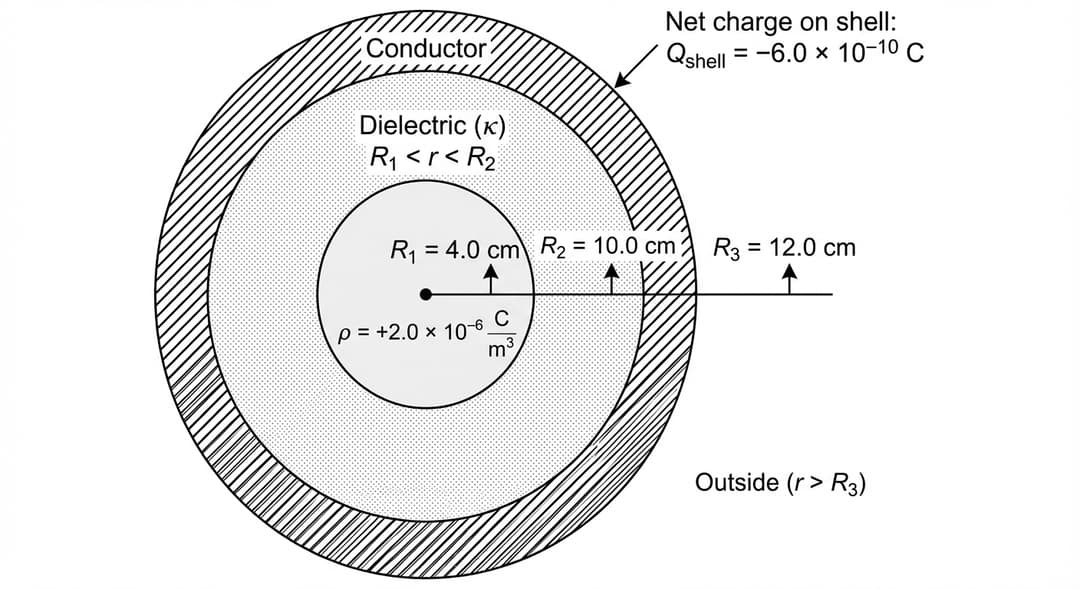 Draw the same 2D cross-sectional concentric-sphere diagram as in Figure 1 (same center dot, same three concentric circles, same radius dimension arrows and the same printed numerical values).
Geometry and labels (must match Figure 1 exactly):
- Keep the three circles and the horizontal radius line with the three dimension arrows labeled exactly:
- "R1 = 4.0 cm"
- "R2 = 10.0 cm"
- "R3 = 12.0 cm"
- Keep the insulating sphere label inside r<R1: "ρ = +2.0×10^-6 C/m^3".
- Keep the conductor region between R2 and R3 hatched and labeled "Conductor".
- Keep the conductor net charge label: "Net charge on shell: Q_shell = −6.0×10^-10 C" with a leader line pointing to the conducting shell.
Dielectric insertion (the only change from Figure 1):
- The annular region between the R1 and R2 circles (and only this region) is filled with a distinct shading pattern (for example, light stippling or light crosshatching) that is clearly different from the conductor hatching and different from the insulator fill.
- Place the text centered within this annular region: "Dielectric (κ)".
- Also include the inequality "R1 < r < R2" directly next to the dielectric label to make the dielectric’s extent unambiguous.
Outside region:
- Outside the largest circle, label the exterior as "Outside (r > R3)".
Styling constraints:
- Ensure three region textures are visually distinct:
- Insulating sphere (r<R1): very light uniform gray fill.
- Dielectric (R1<r<R2): stippled or crosshatched lightly.
- Conductor (R2<r<R3): diagonal hatching (heavier than dielectric shading).
- No field lines.
- All labels must be readable and not overlap circle boundaries; use leader lines if needed.