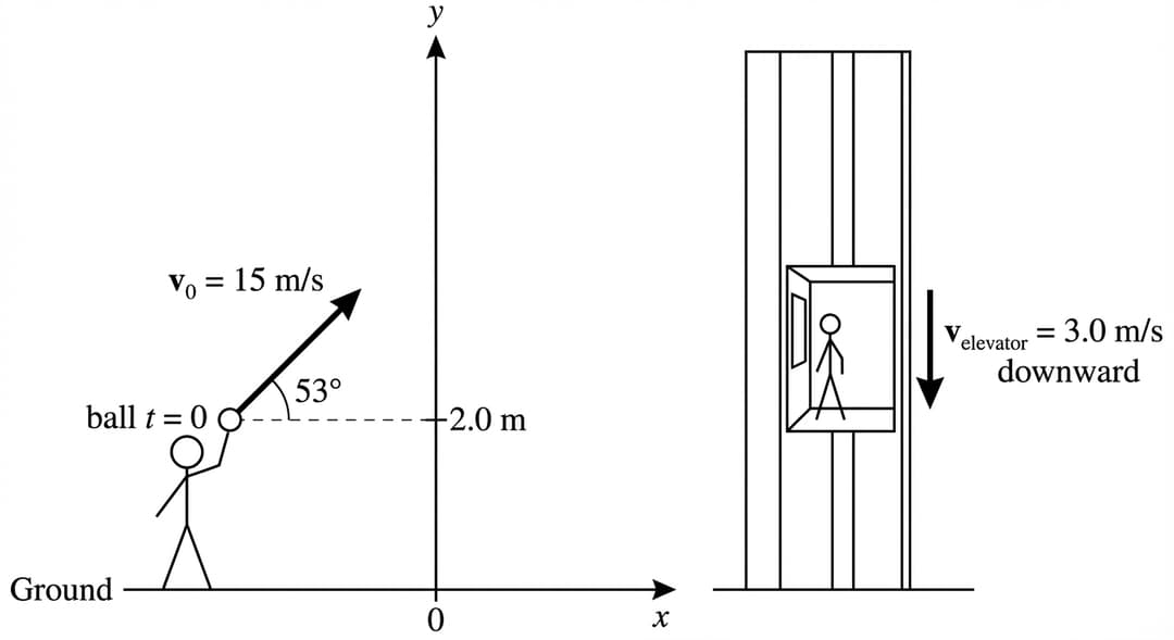 Physics setup diagram with a clearly defined 2D coordinate system and labeled quantities.
Coordinate axes (must be prominent):
- Draw a horizontal x-axis and vertical y-axis that intersect at a single origin point on the ground line.
- Label the origin with the visible text "0".
- Add arrowheads on the positive ends of both axes.
- Label the positive horizontal direction "x" and the positive vertical direction "y".
Ground and launch height:
- Draw a straight horizontal ground line across the bottom of the diagram. The ground line passes through the origin.
- On the y-axis, place a clearly labeled height mark at "2.0 m" above the ground.
- From that 2.0 m mark, draw a thin dashed horizontal line extending rightward to indicate the launch height.
Student and launch point:
- Place the student (simple stick figure) on the left side of the y-axis, standing on the ground line.
- The student’s throwing hand is located exactly on the dashed horizontal line labeled "2.0 m" (this point is the launch point).
- At the launch point, draw a small solid circle (the ball at t = 0).
Initial velocity vector of the ball:
- From the ball at the launch point, draw a single bold arrow representing the initial velocity vector.
- The arrow must point up and to the right, making an angle of exactly "53°" measured counterclockwise from the +x direction.
- Place a small angle arc at the tail of the velocity vector between the +x direction and the vector, labeled "53°".
- Label the velocity vector with the visible text "v₀ = 15 m/s" placed alongside the arrow.
Building and elevator:
- Draw a tall rectangular building on the right half of the diagram, separated from the student by open air (no overlap).
- The building’s base sits on the same ground line as the origin.
- Inside the building, draw a vertical elevator shaft as two parallel vertical lines.
- Draw an elevator car as a rectangle within the shaft, positioned in the lower half of the building.
- On the elevator car, draw a small stick figure (person in elevator) facing left toward a window.
- Draw a rectangular window on the left wall of the elevator shaft aligned with the person’s head/torso so they can "observe" outward.
Elevator motion indicator:
- Next to the elevator car, draw a bold vertical arrow pointing straight downward.
- Label this arrow with the visible text "v_elevator = 3.0 m/s downward".
Overall spatial relationships (must be visually unambiguous):
- The student and launch point are left of the building.
- The velocity vector points toward the building side (rightward component).
- The building is entirely to the right of the y-axis and does not cover the axes.
Style:
- Use clean black line art on a white background.
- All numeric values shown must exactly match: 2.0 m, 15 m/s, 53°, 3.0 m/s.
- No additional numbers or extraneous labels.