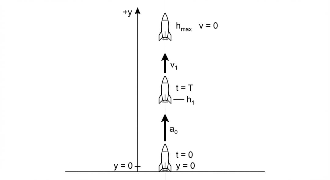 A clean black-and-white physics schematic (no perspective), oriented vertically.
Layout and coordinate reference:
- Draw a vertical reference line centered in the diagram representing the rocket’s line of motion.
- At the left side of this line, draw a y-axis: a vertical axis with an arrow at the top labeled '+y'.
- Place the label 'y = 0' at ground level, aligned with the lowest rocket position.
Ground and launch state (bottom stage):
- Draw a thin horizontal ground line across the lower part of the diagram.
- Place the first rocket directly on the ground line, centered on the vertical reference line.
- Immediately next to this bottom rocket (slightly to the right of the rocket body), place the text label 't = 0'.
- Next to the same bottom rocket, place the text label 'y = 0'.
- Draw a single acceleration arrow originating at the rocket’s center and pointing straight upward. Make this arrow the longest arrow in the entire figure.
- Label this arrow 'a₀' with the text placed just to the right of the arrow shaft, vertically centered on the arrow.
Engine shutoff state (middle stage):
- Place the second rocket on the same vertical reference line, vertically above the bottom rocket by a clear, moderate spacing (so it is visually distinct but not near the top).
- To the right of this middle rocket, place the label 't = T'.
- Next to the middle rocket, indicate its height from the ground by writing 'h₁' as a label to the right of the rocket, with a short horizontal leader line pointing to the rocket.
- Draw an upward velocity arrow originating at the center of the middle rocket and pointing straight up.
- Make this velocity arrow shorter than the bottom acceleration arrow.
- Label this velocity arrow 'v₁' with the text placed just to the right of the arrow shaft.
Maximum height state (top stage):
- Place the third rocket on the same vertical reference line, near the top of the diagram and clearly above the middle rocket.
- Next to this top rocket, place the label 'h_max' (with 'max' as a subscript).
- Also place the label 'v = 0' next to the top rocket (to the right of the rocket body), indicating the rocket is momentarily at rest.
- Do NOT draw any velocity arrow at the top stage.
Relative consistency requirements:
- All three rockets are identical in size and orientation (pointing upward).
- The three rockets are vertically aligned on one straight line.
- The only arrow at launch is the upward acceleration arrow labeled 'a₀'.
- The only arrow at engine shutoff is the upward velocity arrow labeled 'v₁'.
- At maximum height, there is no motion arrow, only the text 'v = 0'.
Text and styling:
- Use solid black lines, medium stroke for rockets and arrows, thin stroke for axes and ground.
- No numeric values appear in Figure 1 other than the symbolic labels listed above.