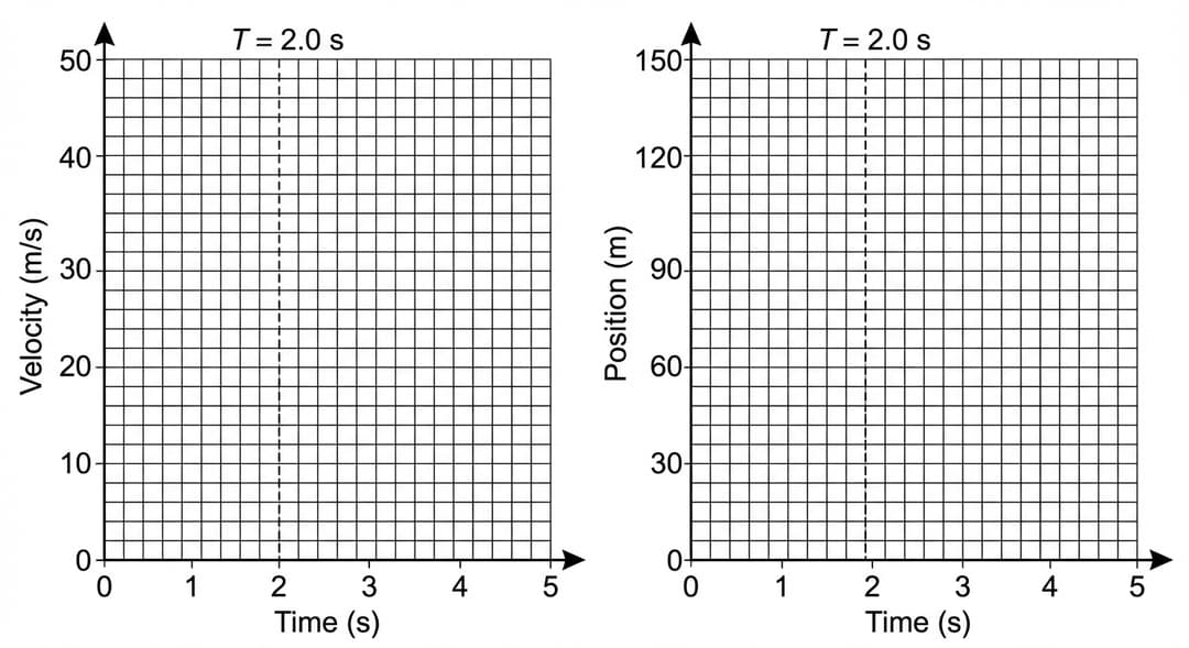 Two separate coordinate grids placed side-by-side with equal height and equal visual weight, intended for student sketches.
Overall layout:
- Left panel: velocity versus time graph.
- Right panel: position versus time graph.
- The two panels are separated by a clear vertical gap so the axes and labels do not overlap.
- Both panels include light square grid lines aligned with tick marks.
LEFT PANEL (Velocity–time):
Axes:
- Horizontal axis labeled 'Time (s)'.
- Time axis runs from 0 to 5.
- Tick marks and numeric labels at every 1 second: 0, 1, 2, 3, 4, 5.
- Vertical axis labeled 'Velocity (m/s)'.
- Velocity axis runs from 0 to 50.
- Tick marks and numeric labels at every 10 m/s: 0, 10, 20, 30, 40, 50.
- The origin at the axes intersection is explicitly labeled '0'.
- Arrowhead at the positive end of the time axis (to the right).
- Arrowhead at the positive end of the velocity axis (upward).
Grid:
- Vertical grid lines at every 1 second matching the time ticks.
- Horizontal grid lines at every 10 m/s matching the velocity ticks.
Engine shutoff marker (must be present even though curves are not drawn):
- Draw a thin vertical dashed line exactly at the time tick labeled '2'.
- Place the label 'T = 2.0 s' above the top of this dashed line, inside the plotting area near the top edge.
RIGHT PANEL (Position–time):
Axes:
- Horizontal axis labeled 'Time (s)'.
- Time axis runs from 0 to 5.
- Tick marks and numeric labels at every 1 second: 0, 1, 2, 3, 4, 5.
- Vertical axis labeled 'Position (m)'.
- Position axis runs from 0 to 150.
- Tick marks and numeric labels at every 30 m: 0, 30, 60, 90, 120, 150.
- The origin at the axes intersection is explicitly labeled '0'.
- Arrowhead at the positive end of the time axis (to the right).
- Arrowhead at the positive end of the position axis (upward).
Grid:
- Vertical grid lines at every 1 second matching the time ticks.
- Horizontal grid lines at every 30 m matching the position ticks.
Engine shutoff marker (must be present even though curves are not drawn):
- Draw a thin vertical dashed line exactly at the time tick labeled '2'.
- Place the label 'T = 2.0 s' above the top of this dashed line, inside the plotting area near the top edge.
Style constraints:
- No curves are pre-drawn on either panel.
- No titles other than the axis labels.
- All numbers listed above must appear exactly as tick labels.
