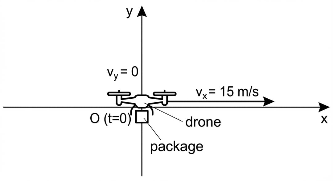 A clean, black-and-white physics diagram showing an x–y coordinate system with the origin clearly identified.
Axes and origin:
- Draw two perpendicular axes crossing at the origin.
- Horizontal axis labeled "x" with an arrowhead on the positive end pointing to the right.
- Vertical axis labeled "y" with an arrowhead on the positive end pointing upward.
- Place the text "(0, 0)" immediately adjacent to the origin point (slightly below-left of the intersection) so it is unambiguous that the origin is the position x = 0, y = 0 at t = 0.
Drone and package at the instant of release:
- Draw a small drone icon (simple outline: a small central body with two short rotor arms) centered exactly on the origin so the drone’s position at t = 0 is unambiguous.
- Draw a small square or small box icon representing the package directly beneath the drone body, touching the drone (visually indicating it is being carried at that instant). The package must be vertically aligned with the origin (same horizontal position as the drone).
- Add a short label "package" with a thin leader line pointing to the small box.
- Add a short label "drone" with a thin leader line pointing to the drone body.
Initial velocity vector (horizontal only):
- From the origin, draw a single velocity arrow exactly along the +x axis (perfectly horizontal, no upward or downward tilt).
- The arrow tail begins at the origin and the arrowhead points right.
- Label the arrow above it with the text "vₓ = 15 m/s".
- Also include the text "vᵧ = 0" near the origin (placed slightly above the origin), making explicit that the initial vertical velocity component is zero.
Style constraints:
- Use solid black lines; medium line weight for axes and the velocity arrow.
- No grid, no numeric tick marks on the axes in this figure.
- Keep the diagram uncluttered: only the axes labels (x, y), the origin label (0, 0), the drone/package labels, and the velocity component labels (vₓ = 15 m/s and vᵧ = 0).