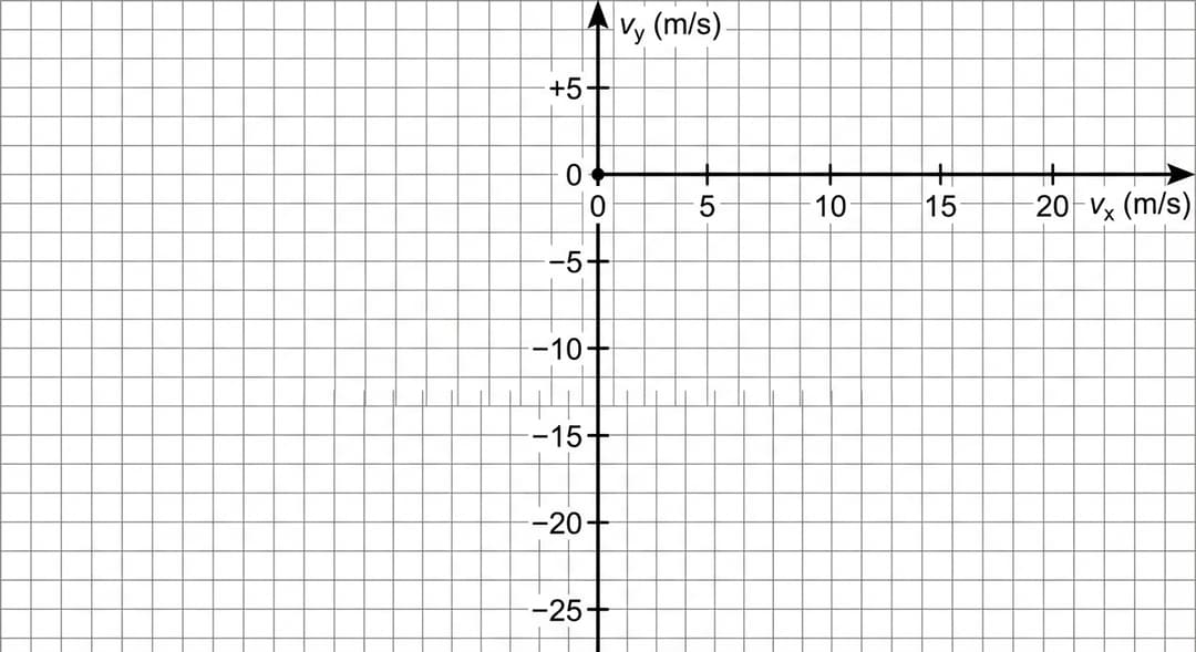 A square coordinate grid intended for drawing a velocity vector, with clearly numbered tick marks and axis labels.
Overall layout:
- The grid occupies most of the figure area and is centered.
- Use light gray grid lines and darker black axes.
Horizontal axis (vₓ):
- The horizontal axis runs through the middle of the grid and is labeled "vₓ (m/s)" near the positive (right) end.
- The axis has an arrowhead on the positive (right) end.
- Numeric range shown on the axis: from 0 at the origin to 20 at the far right end.
- Tick marks and labels appear at 0, 5, 10, 15, and 20.
- Ensure that each of these numbers (0, 5, 10, 15, 20) is printed directly below the corresponding tick mark.
Vertical axis (vᵧ):
- The vertical axis runs through the origin and is labeled "vᵧ (m/s)" near the positive (top) end.
- The axis has an arrowhead on the positive (top) end.
- Numeric range shown on the axis: from +5 at the top down to −25 at the bottom.
- Tick marks and labels appear at +5, 0, −5, −10, −15, −20, and −25.
- Ensure that each of these numbers (+5, 0, −5, −10, −15, −20, −25) is printed to the left of the corresponding tick mark.
Origin:
- The origin is the intersection of the vₓ and vᵧ axes and must be explicitly labeled with the number "0" on both axes (i.e., the 0 tick label on the horizontal axis at the intersection and the 0 tick label on the vertical axis at the intersection).
- Additionally, place a small solid dot at the origin to emphasize where the arrow must start.
Grid spacing consistency:
- The spacing between adjacent labeled ticks corresponds to 5 m/s in both directions.
- All grid squares are uniform; vertical spacing from 0 to +5 is the same as from 0 to −5, etc.
Drawing instruction compatibility:
- Do not pre-draw any velocity vector arrow in this figure.
- The figure must make it easy for a student to draw an arrow starting at the origin with components readable against the tick marks.
Style constraints:
- Black text for all labels and numbers.
- Light gray grid lines at every 5 m/s increment, extending across the full grid in both directions.
- No additional titles inside the grid beyond axis labels and tick values.