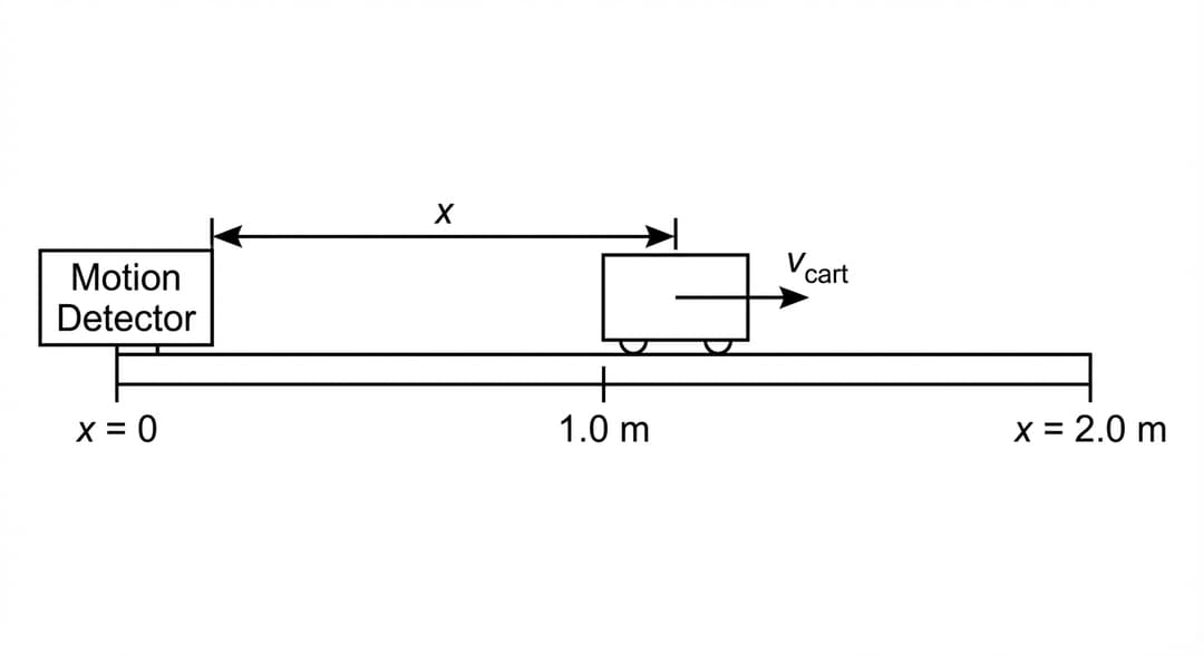 Horizontal track of length 2.0 m with coordinate axis showing x = 0 at left end and x = 2.0 m at right end. Motion detector mounted at x = 0 (left end). Cart shown on track moving to the right with velocity vector vcart. Distance from detector to cart labeled as x.