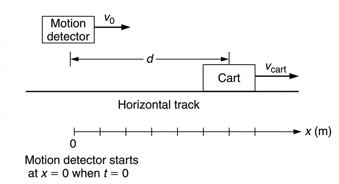 Same horizontal track with coordinate axis. Motion detector shown moving to the right with velocity vector v₀. Cart shown moving to the right with velocity vector vcart. Distance between detector and cart labeled as d. Note indicates detector starts at x = 0 when t = 0.