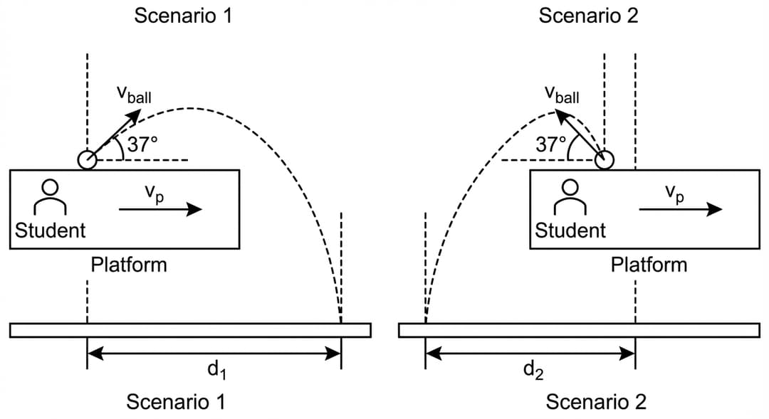 Two side-by-side top-view diagrams. Left diagram (Scenario 1): Platform moving right with velocity v_p. Student on platform throws ball to the right at angle 37° relative to platform motion direction. Right diagram (Scenario 2): Platform moving right with velocity v_p. Student on platform throws ball to the left at angle 37° relative to opposite of platform motion direction. Both show landing positions d_1 and d_2 measured from point directly below release.