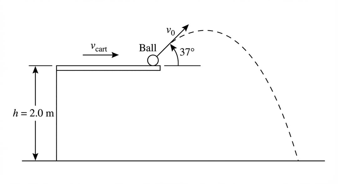 Side view showing platform at height h = 2.0 m above ground moving horizontally to the right. Ball trajectory shown as parabolic path from release point to ground. Initial velocity vector v_0 at 37° above horizontal. Height h labeled with vertical arrow from ground to release point.