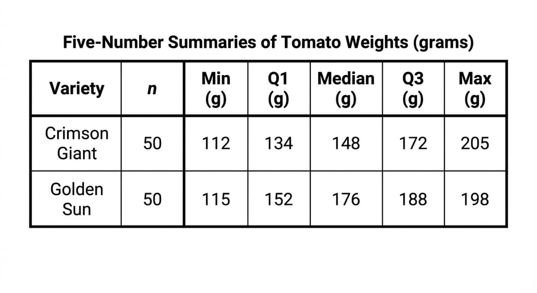 Single table only (no graph), centered on a blank white page.
Caption placement:
- Place caption text "Five-Number Summaries of Tomato Weights (grams)" centered above the table at page coordinate (500, 80). Caption font: bold, 18 pt.
Table geometry (use an exact rectangular grid):
- Outer border: rectangle with top-left corner at (120, 120) and bottom-right corner at (880, 320). Border thickness 2 pt, solid black.
- Table has EXACTLY 7 columns and EXACTLY 3 rows (1 header row + 2 data rows).
- Row boundaries (y-coordinates): header row top y=120, header bottom y=180; first data row bottom y=250; second data row bottom y=320.
- Horizontal lines at y=120 (top border), y=180, y=250, y=320 (bottom border).
- Column boundaries (x-coordinates): x=120, 280, 360, 440, 560, 680, 780, 880.
- This creates 7 columns with widths: 160, 80, 80, 120, 120, 100, 100.
- Vertical lines at x=120 (left border), 280, 360, 440, 560, 680, 780, 880 (right border).
Cell text alignment and styling:
- All text centered within each cell (both horizontally and vertically).
- Header row font: bold 14 pt.
- Data rows font: regular 14 pt.
- No shading anywhere; white cell backgrounds.
Column headers (visible text in header row, row 1):
- Column 1 header (cell spanning x=120..280): "Variety"
- Column 2 header (x=280..360): "n"
- Column 3 header (x=360..440): "Min (g)"
- Column 4 header (x=440..560): "Q1 (g)"
- Column 5 header (x=560..680): "Median (g)"
- Column 6 header (x=680..780): "Q3 (g)"
- Column 7 header (x=780..880): "Max (g)"
Data values (EVERY cell explicitly listed, exactly as shown):
- Row 1 (header row): Variety | n | Min (g) | Q1 (g) | Median (g) | Q3 (g) | Max (g)
- Row 2 (Crimson Giant): Crimson Giant | 50 | 112 | 134 | 148 | 172 | 205
- Row 3 (Golden Sun): Golden Sun | 50 | 115 | 152 | 176 | 188 | 198
Do NOT include any additional notes about corrections (235) inside this figure; this figure must display the original maximum 205 for Crimson Giant exactly as listed above, because it is the given five-number summary used for Parts A–C.