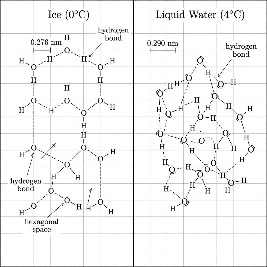 Molecular structure of ice and liquid water — AP Biology
