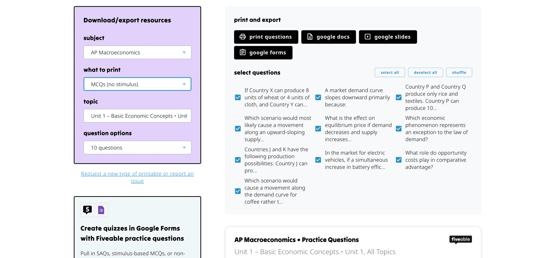 print sets of practice questions for in-class assessments