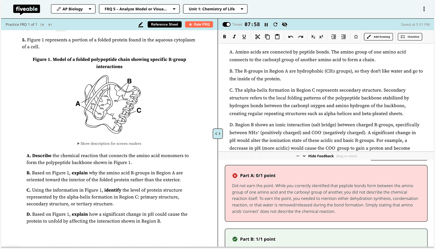 An AP Biology FRQ response with point-by-point scoring feedback