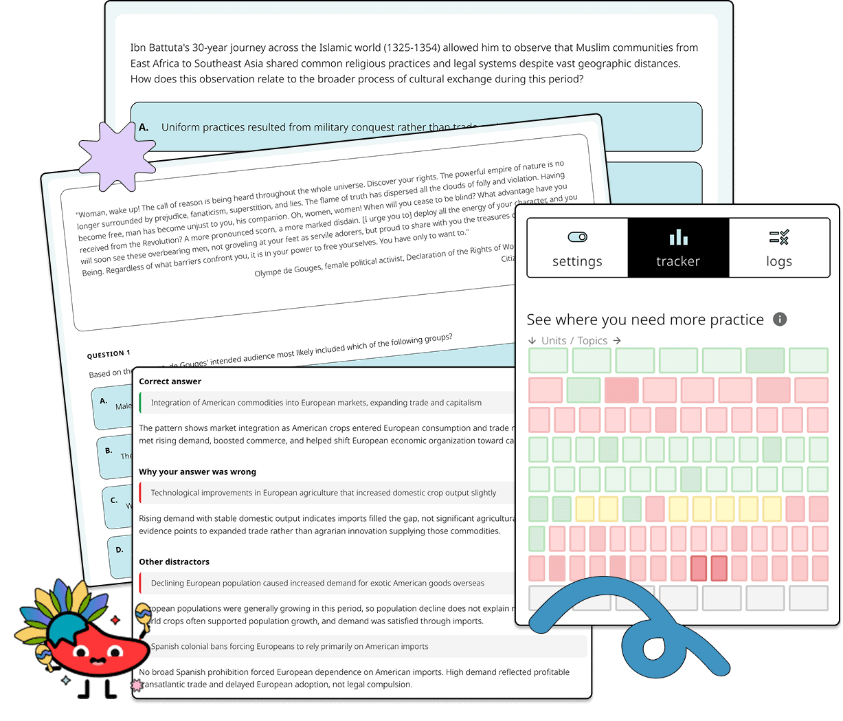A stimulus-based practice question with answer explanations and the topic tracker
