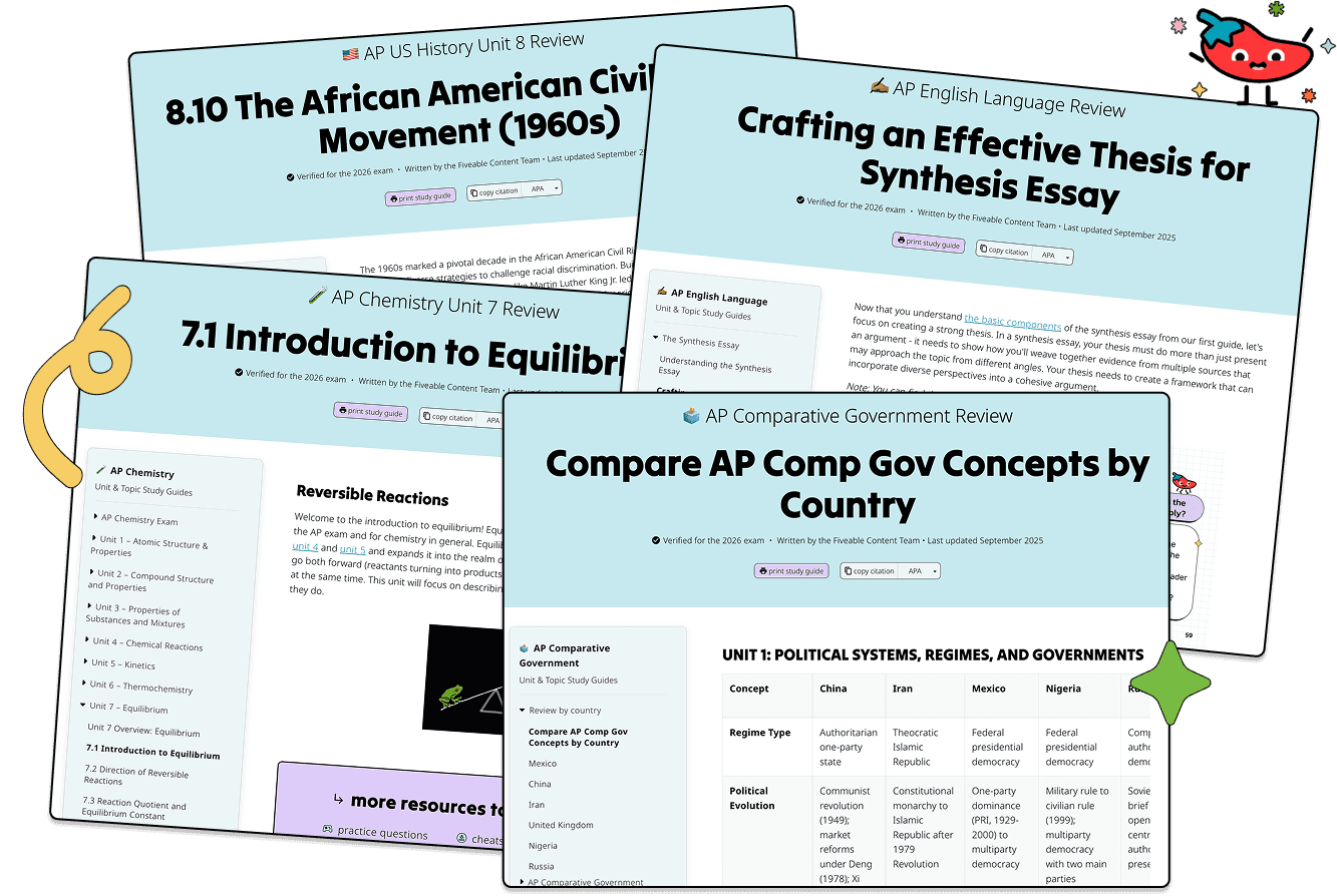 Fiveable study guides for AP US History, AP Chemistry, AP English Language, and AP Comparative Government