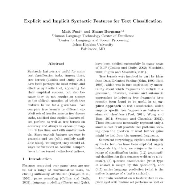 Analyzing Explicit and Implicit Information, Explicit and Implicit Syntactic Features for Text Classification - ACL Anthology