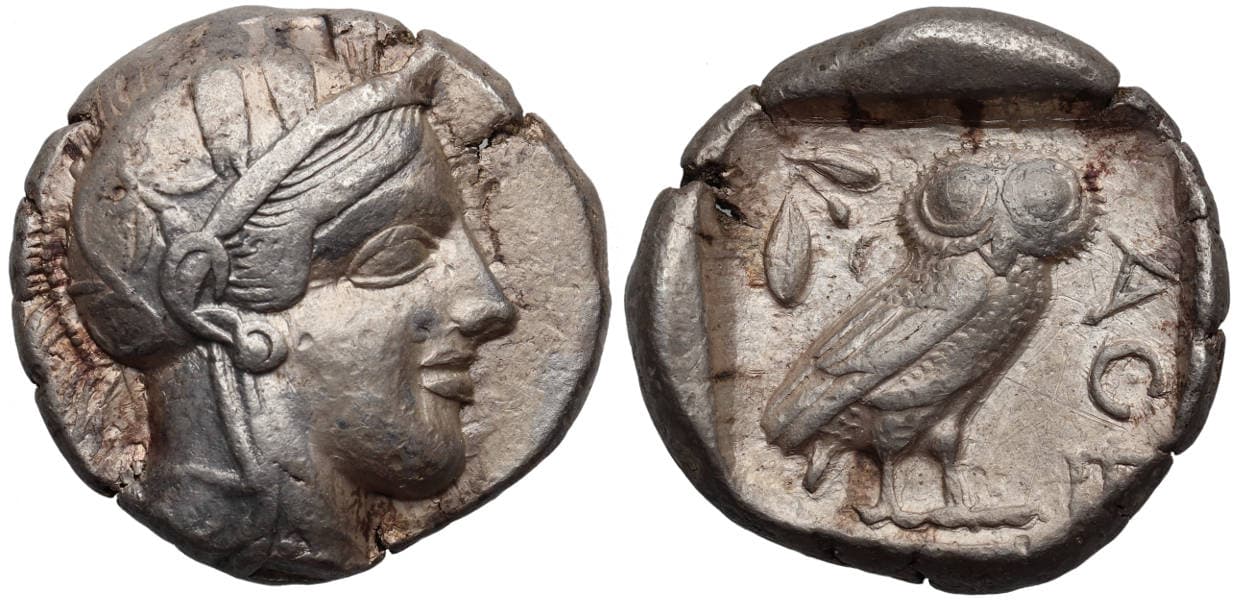 Origins and Development, Athens Old-Style "Owl" Tetradrachm, 449-413 BC, Large Flan, gVF | Ancient Coin Traders