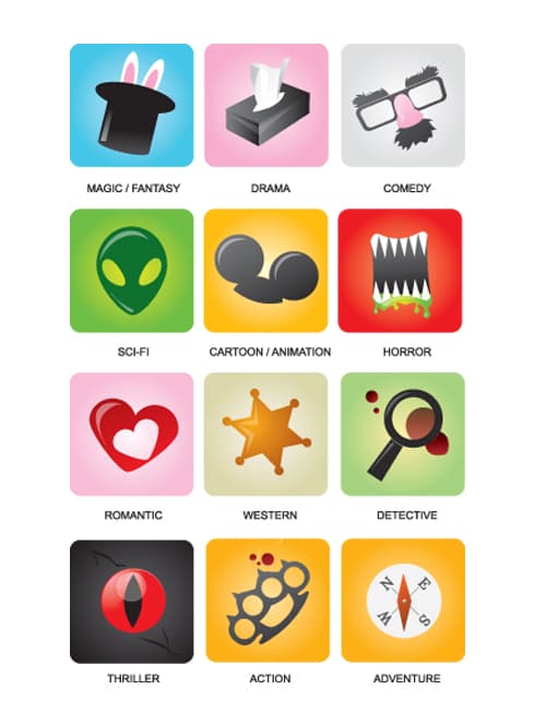 Characteristics of major film genres, Free vector movie genres icons