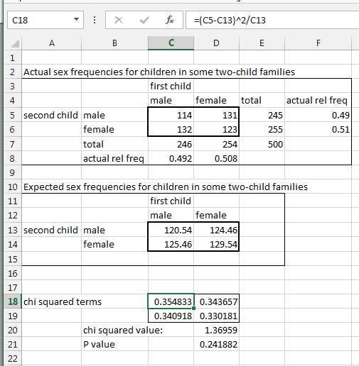 Test statistic calculation for independence, 2.4 Conducting a chi squared contingency test using Excel - BSCI 1511L Statistics Manual ...