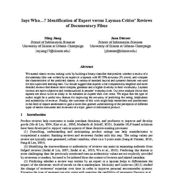 Defining Characteristics of Documentary Films, Says Who…? Identification of Expert versus Layman Critics’ Reviews of Documentary Films - ACL ...