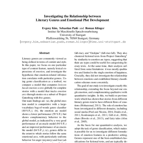 Defining Genres and Subgenres, Investigating the Relationship between Literary Genres and Emotional Plot Development - ACL ...
