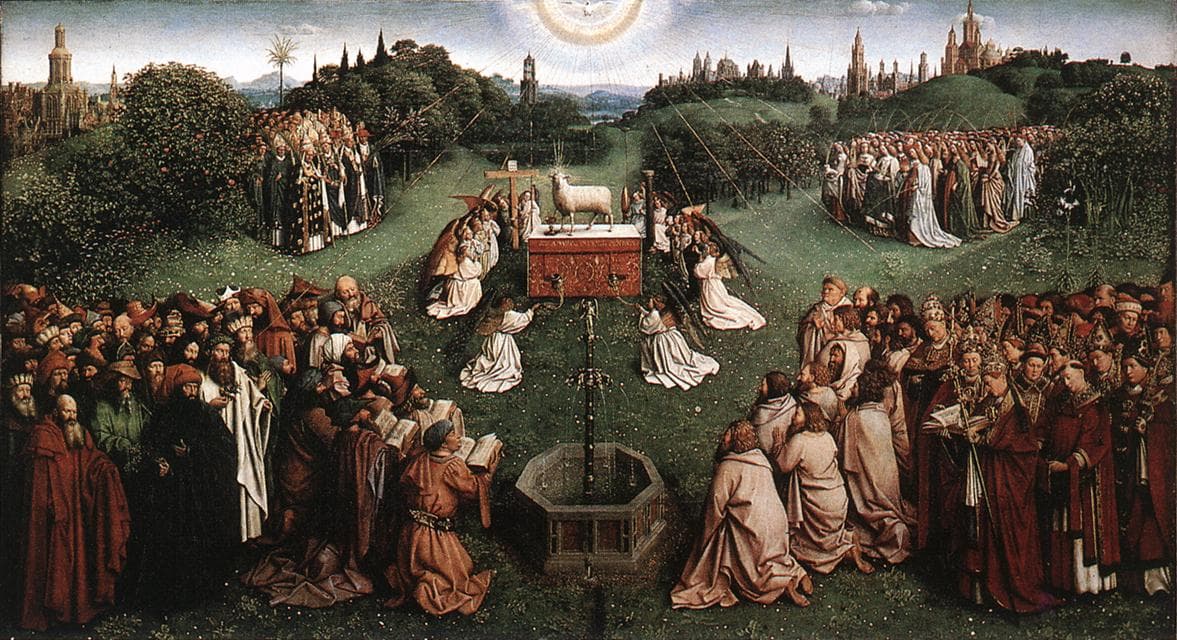 Forms of medieval Christian piety, File:Jan van Eyck The Ghent Altarpiece - Adoration of the Lamb.jpg - Wikimedia Commons