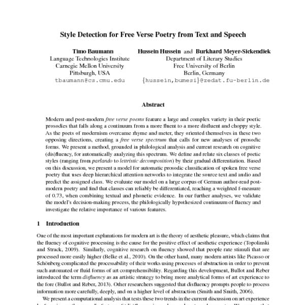 Structure and Form, Style Detection for Free Verse Poetry from Text and Speech - ACL Anthology