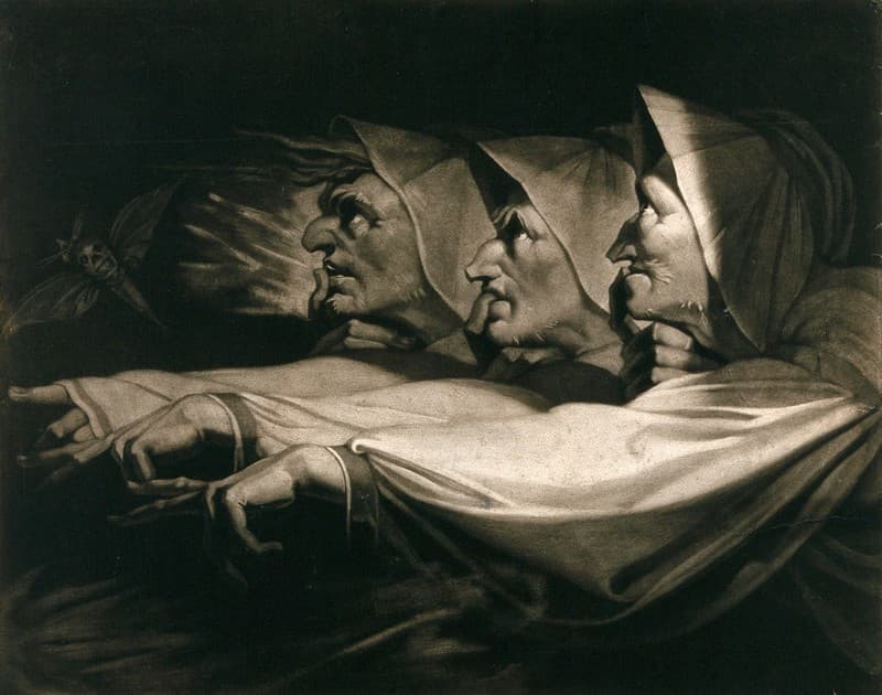 Supernatural and psychological elements, Macbeth, Shakespeare: the three witches. Mezzotint by J.R. Smith, 1785, after H. Fuseli, 1783 ...
