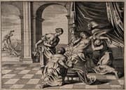 Mythological parentage, Alcmene giving birth to Hercules surrounded by attendants: in the background a woman is hitting ...