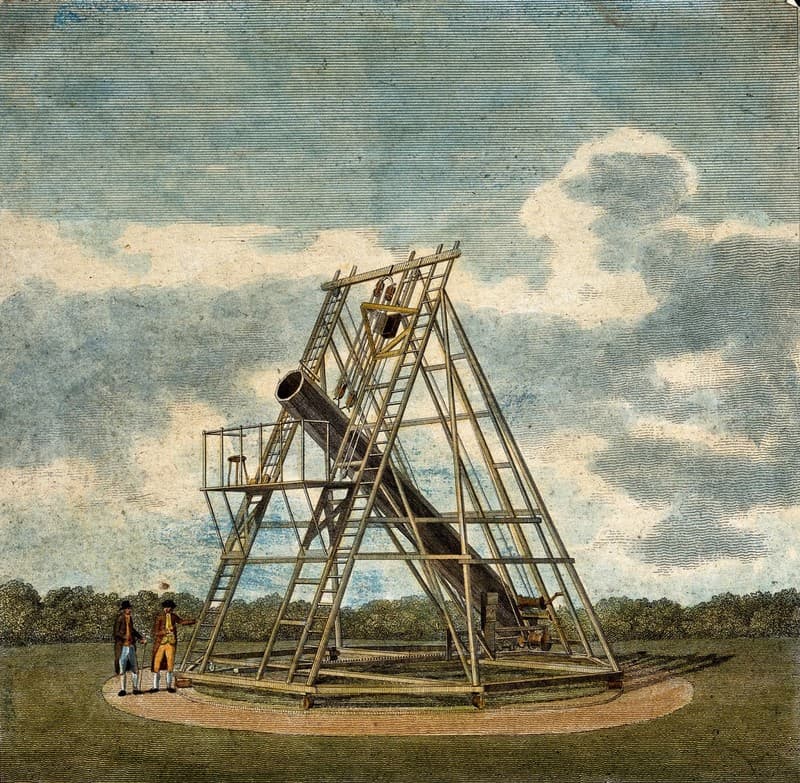 Historical reasoning for Herschels' model, Astronomy: a 40-foot telescope constructed by William Herschel, in use outdoors. Coloured ...
