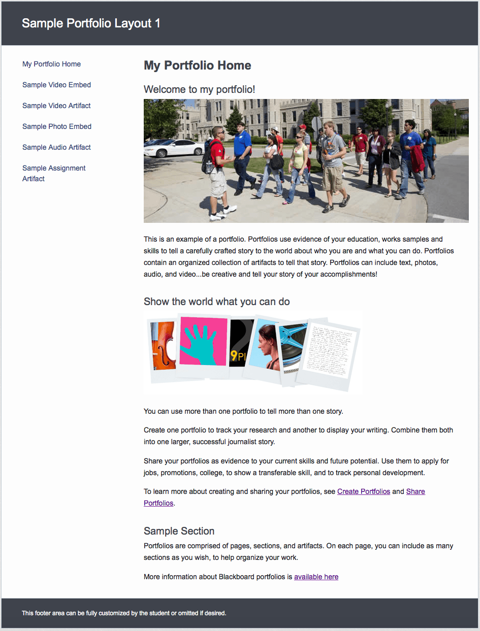 Platforms for sharing written work, Sample Blackboard Portfolio Layouts