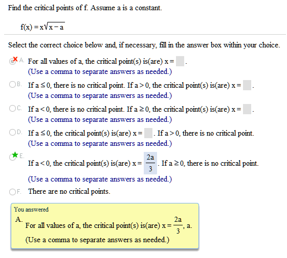 Setup of optimization problems, calculus - Critical points of a function $f(x) = x\sqrt{x-a}$ - Mathematics Stack Exchange