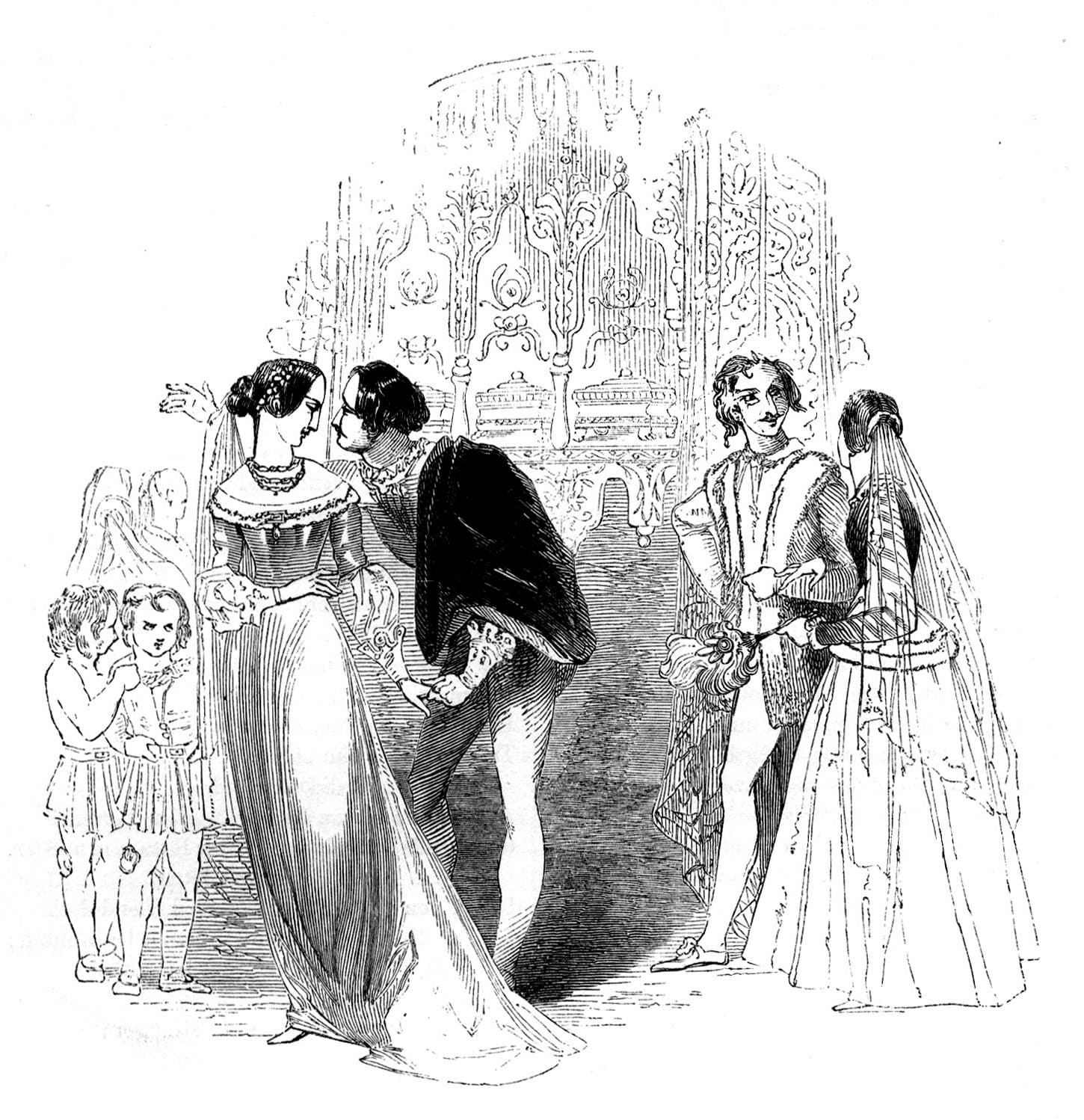 Comedy and Romance Elements, Bassanio and Portia, Gratiano and Nerissa | Victorian Illustrated Shakespeare Archive