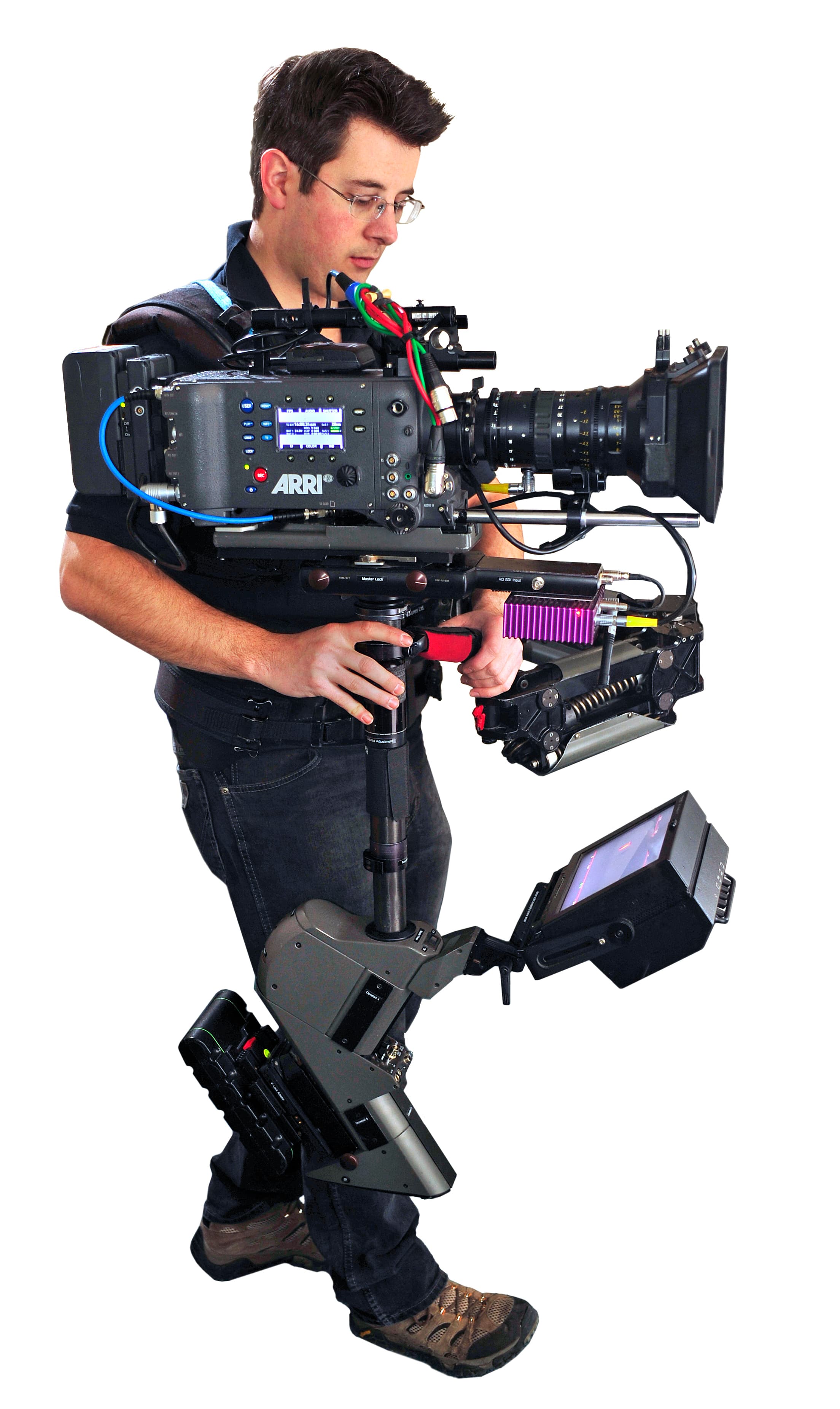Arm and sled mechanisms, File:Steadicam Operator John Fry with Master Steadicam & Arri Alexa camera.jpg - Wikimedia Commons