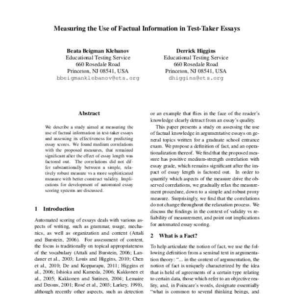 Understanding the Purpose, Measuring the Use of Factual Information in Test-Taker Essays - ACL Anthology