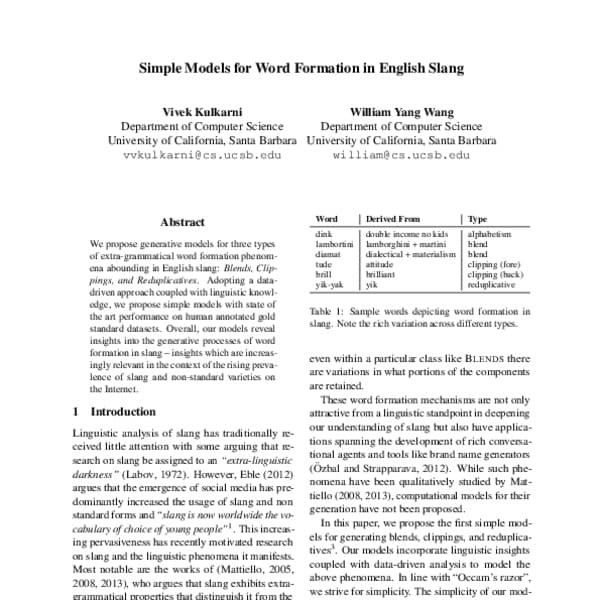 Word formation processes in English, Simple Models for Word Formation in Slang - ACL Anthology