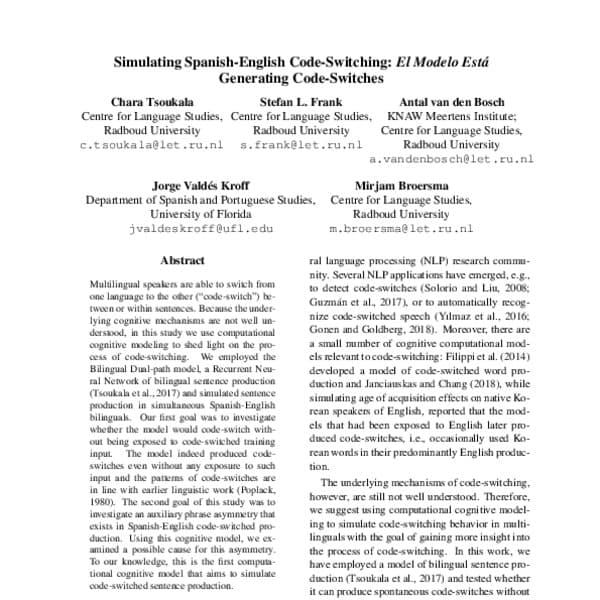 Switching between languages, Simulating Spanish-English Code-Switching: El Modelo Está Generating Code-Switches - ACL Anthology