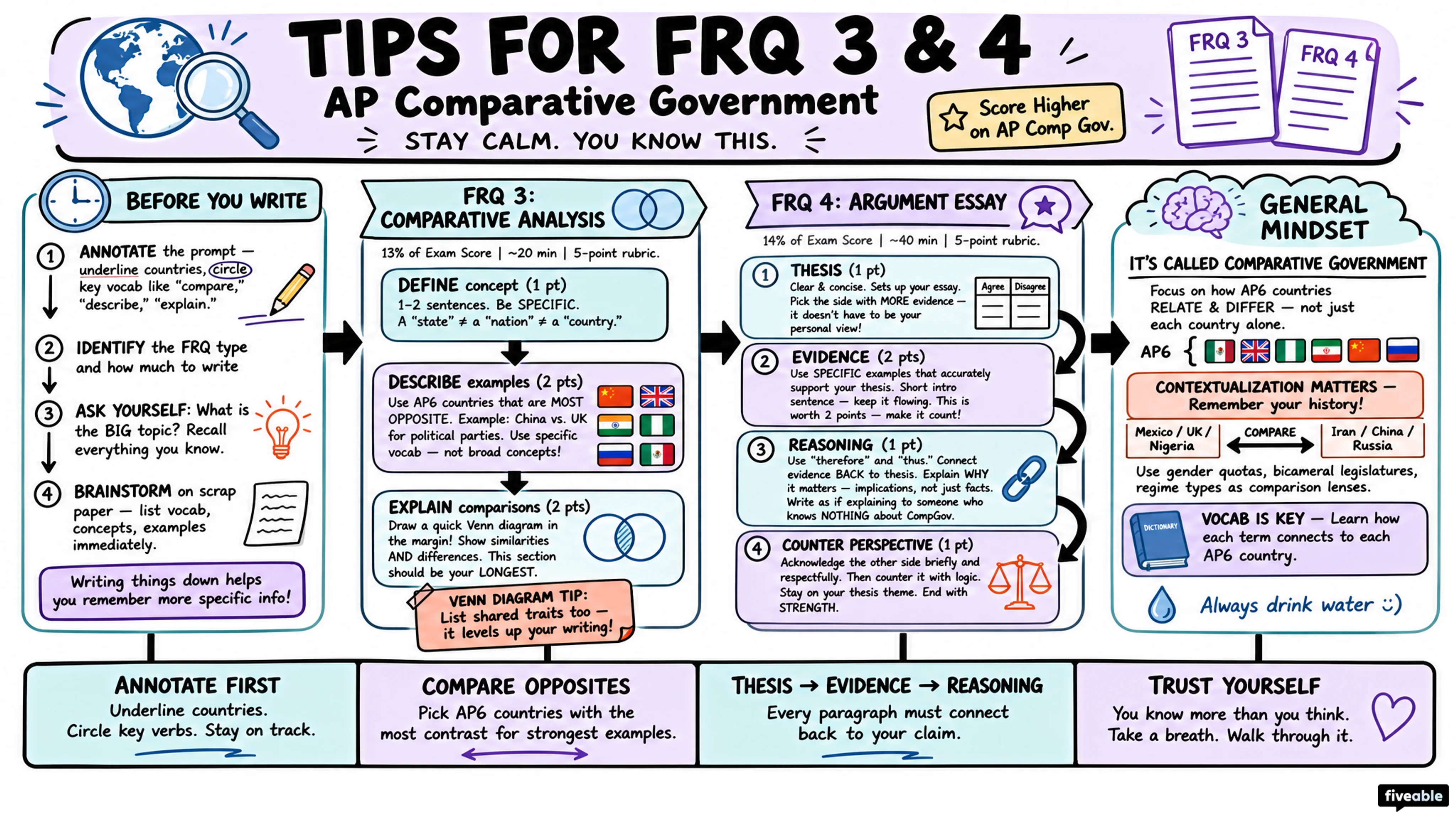 Score Higher on AP Comp Gov: Tips for FRQ 3 & 4 - AP Comparative Government - Exam Skills visual cheatsheet