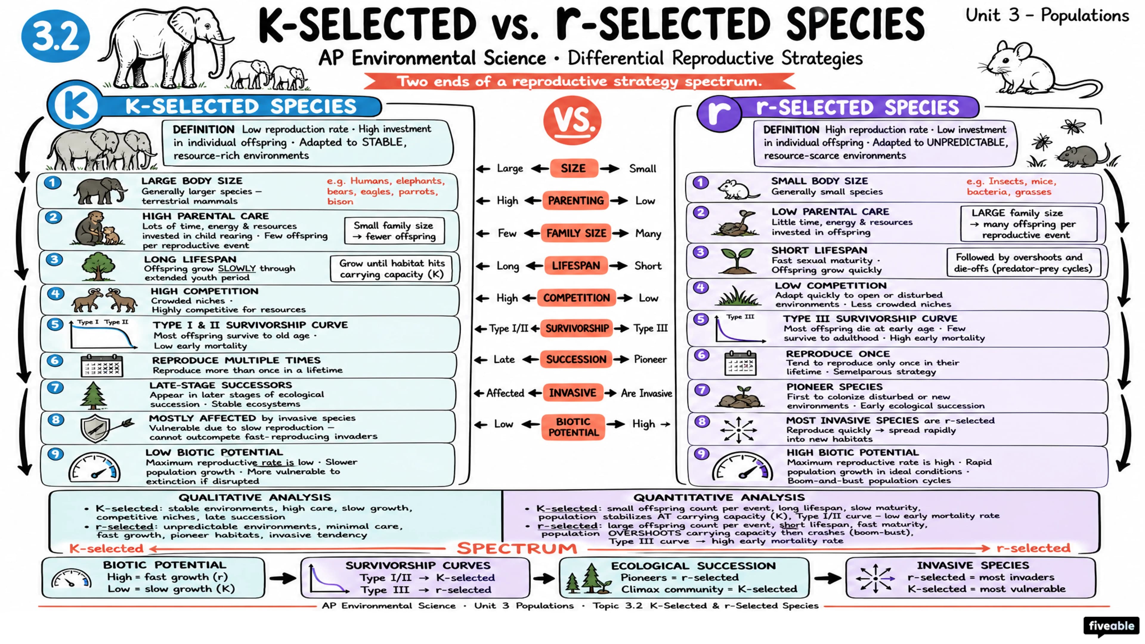 3.2 K-Selected r-Selected Species - AP Environmental Science - Unit 3 visual cheatsheet